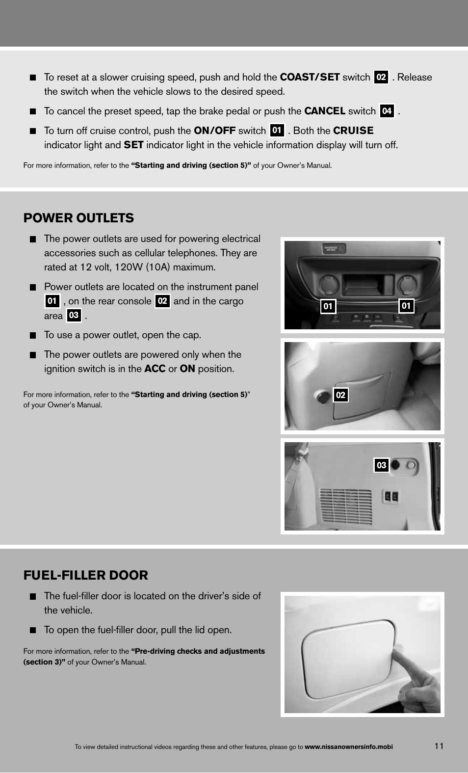 Power outlets, Fuel-filler door | NISSAN 2013 Armada - Quick Reference Guide User Manual | Page 15 / 26