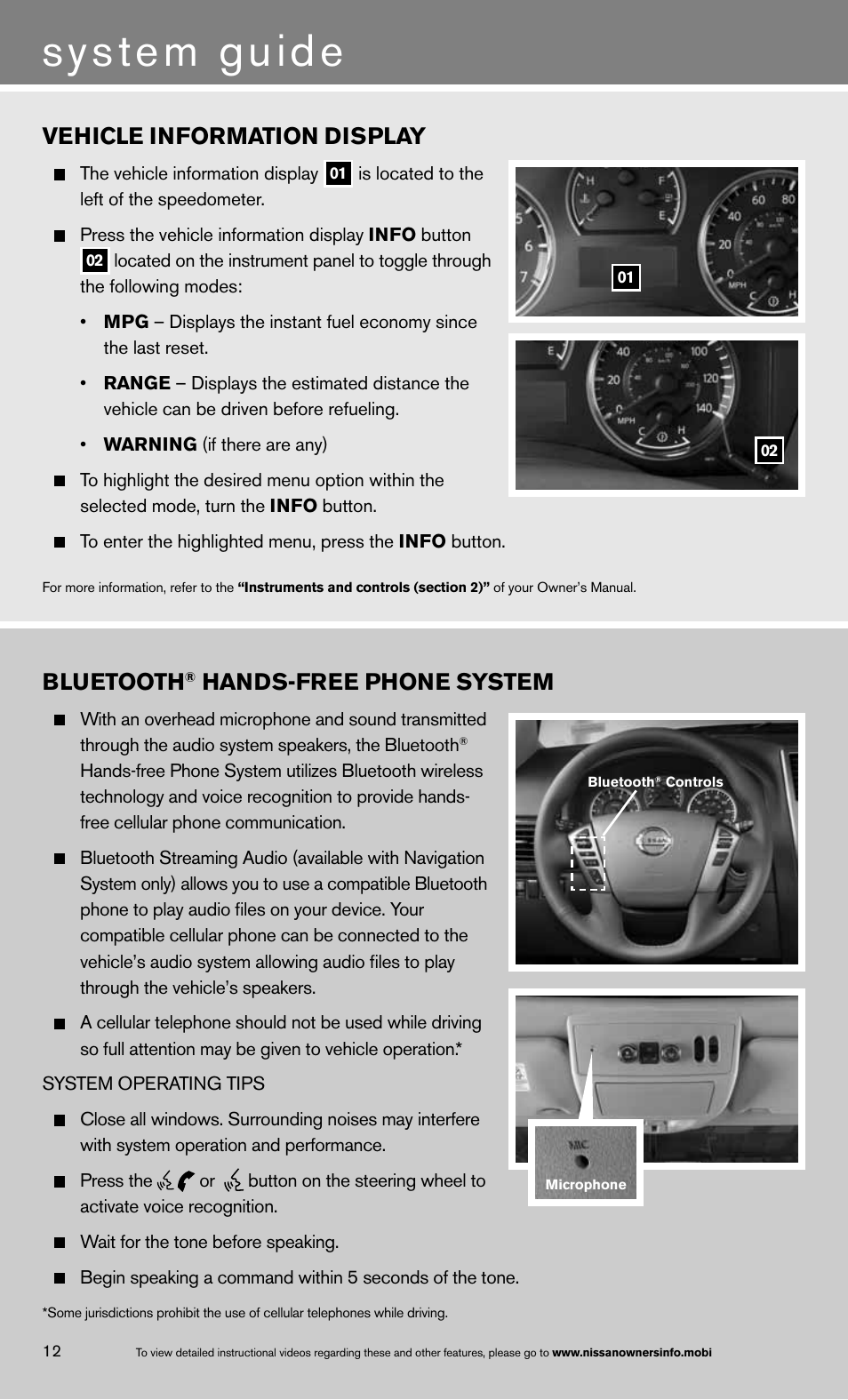 System guide, Vehicle information display, Bluetooth | Hands-free phone system | NISSAN 2013 Armada - Quick Reference Guide User Manual | Page 16 / 26