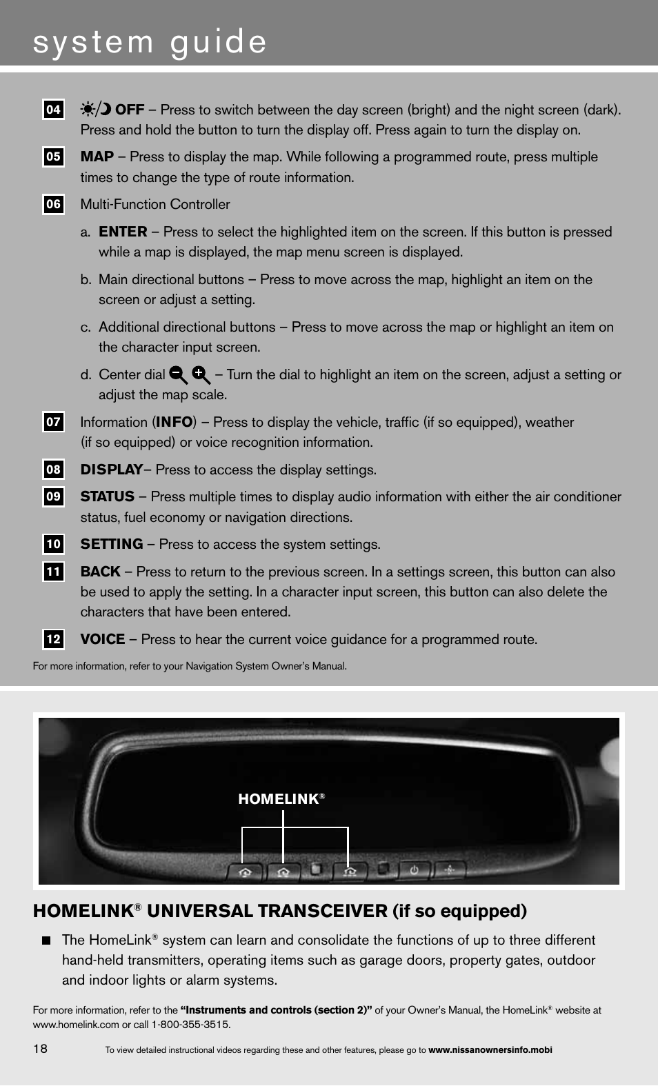 System guide, Homelink, Universal transceiver (if so equipped) | NISSAN 2013 Armada - Quick Reference Guide User Manual | Page 22 / 26