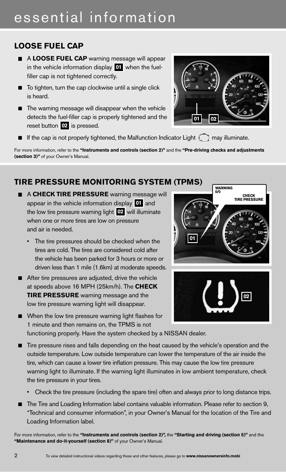 Essential information, Tire pressure monitoring system (tpms), Loose fuel cap | NISSAN 2013 Armada - Quick Reference Guide User Manual | Page 4 / 26