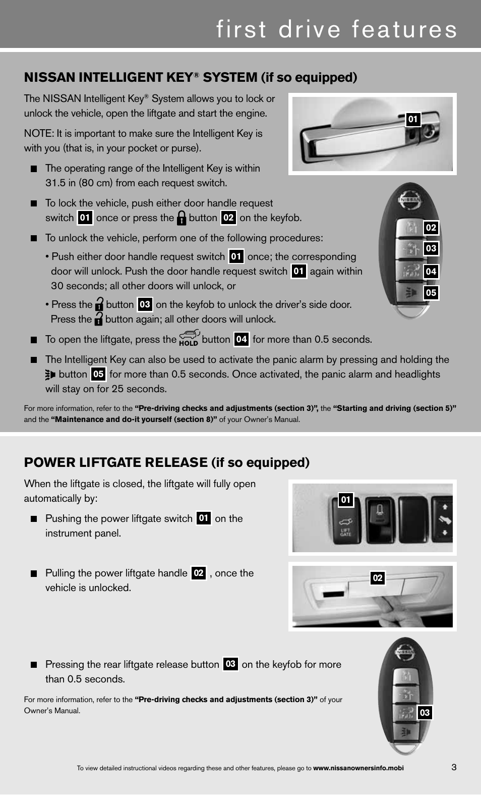 First drive features, Nissan intelligent key, System (if so equipped) | Power liftgate release (if so equipped) | NISSAN 2013 Armada - Quick Reference Guide User Manual | Page 5 / 26