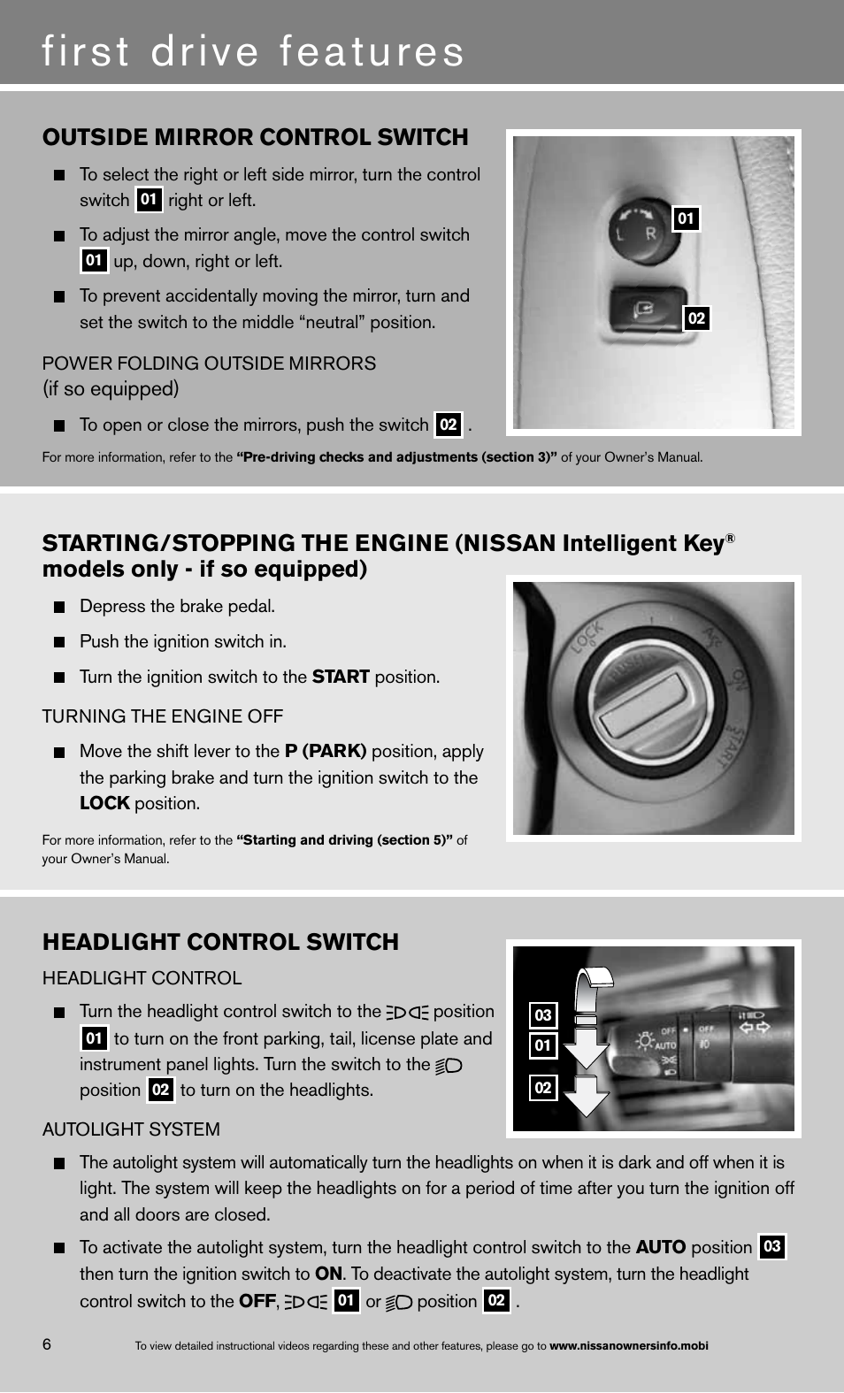First drive features, Outside mirror control switch, Models only - if so equipped) | Headlight control switch | NISSAN 2013 Armada - Quick Reference Guide User Manual | Page 8 / 26