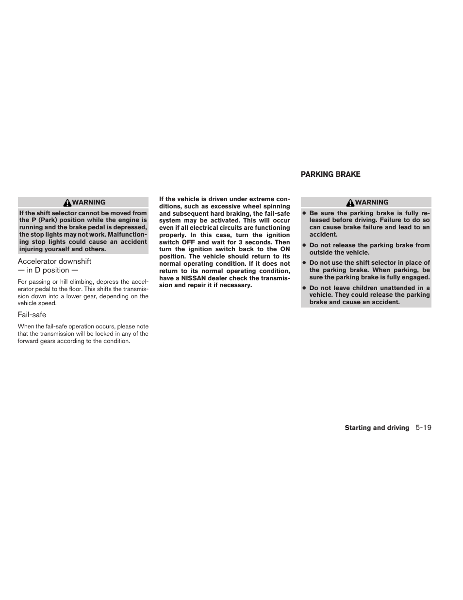 Parking brake -19 | NISSAN 2014 Armada - Owner's Manual User Manual | Page 356 / 489