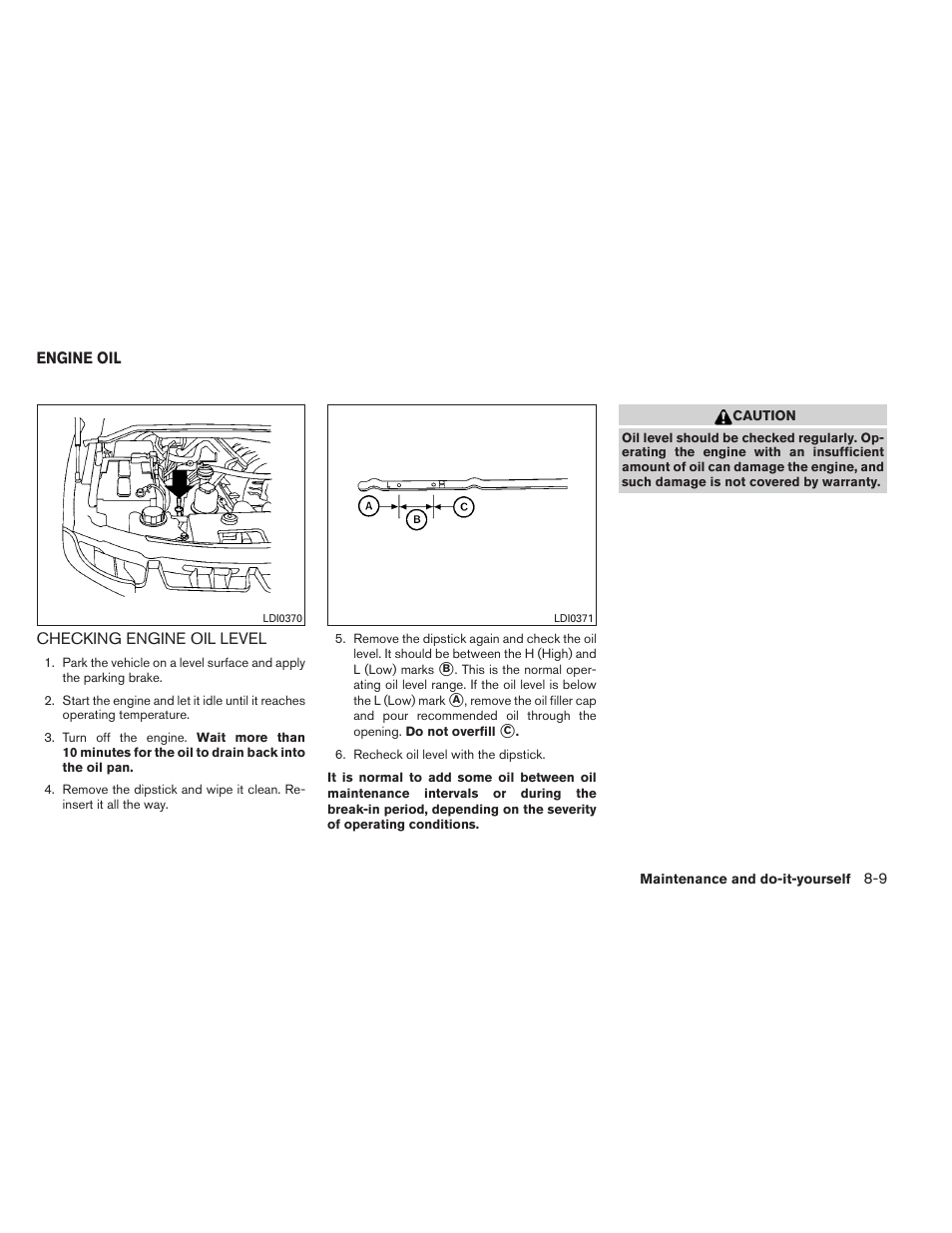 Engine oil -9, Checking engine oil level -9 | NISSAN 2014 Armada - Owner's Manual User Manual | Page 408 / 489