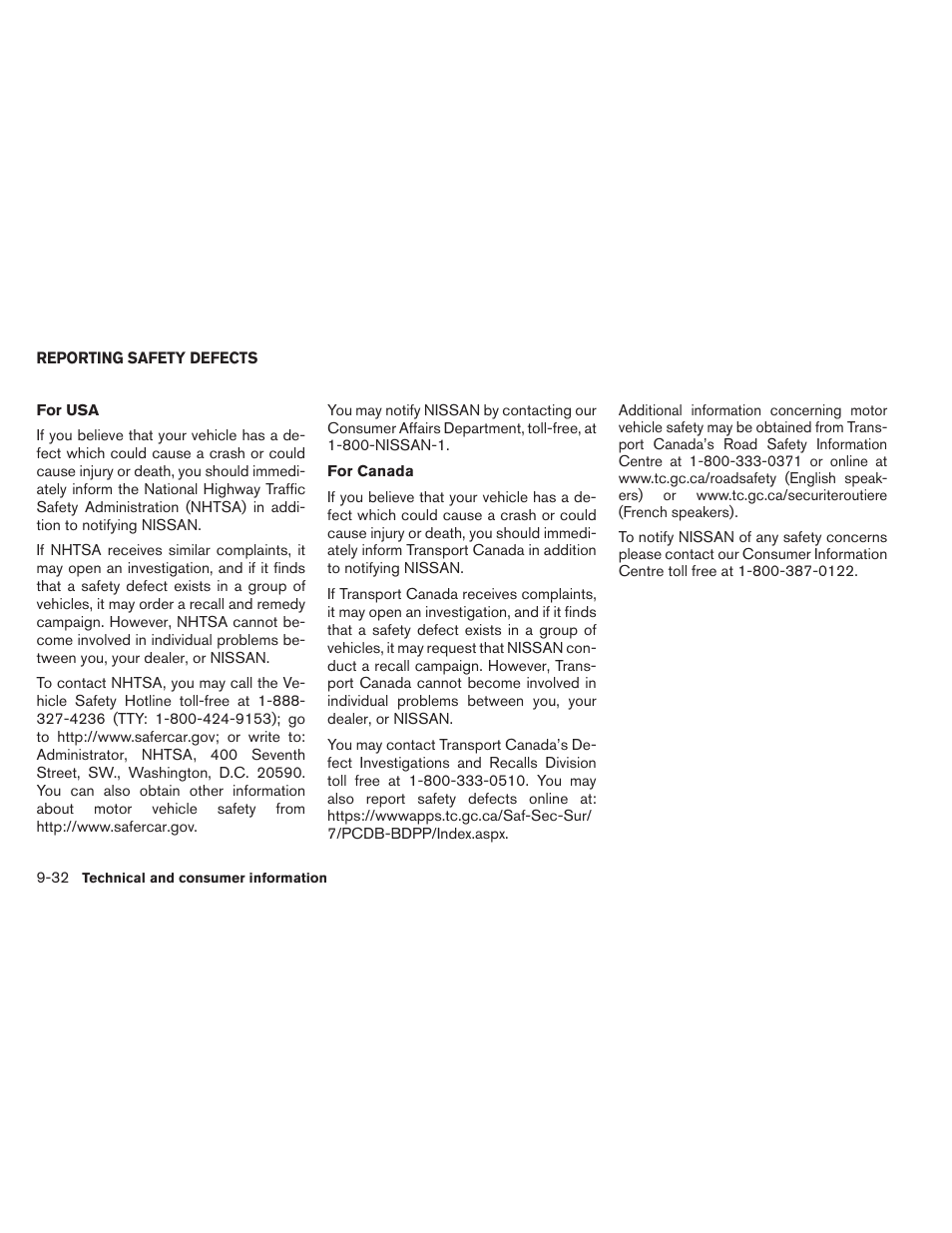 Reporting safety defects -32 | NISSAN 2014 Armada - Owner's Manual User Manual | Page 477 / 489