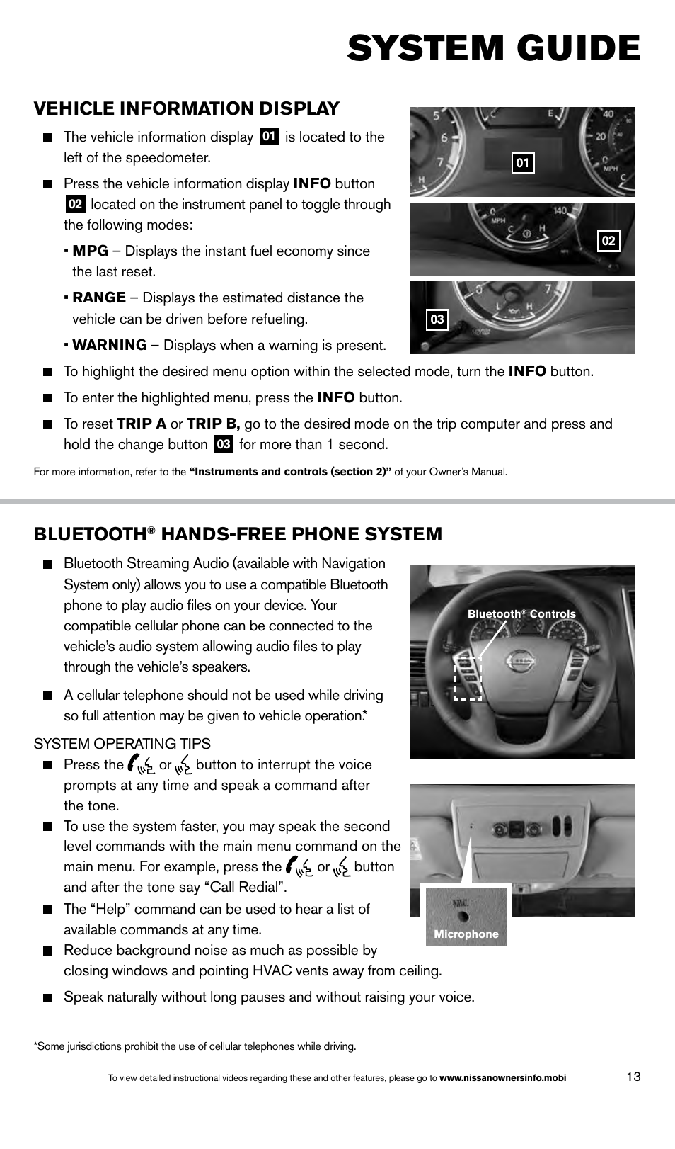 System guide, Vehicle information display, Bluetooth | Hands-free phone system | NISSAN 2014 Armada - Quick Reference Guide User Manual | Page 15 / 24
