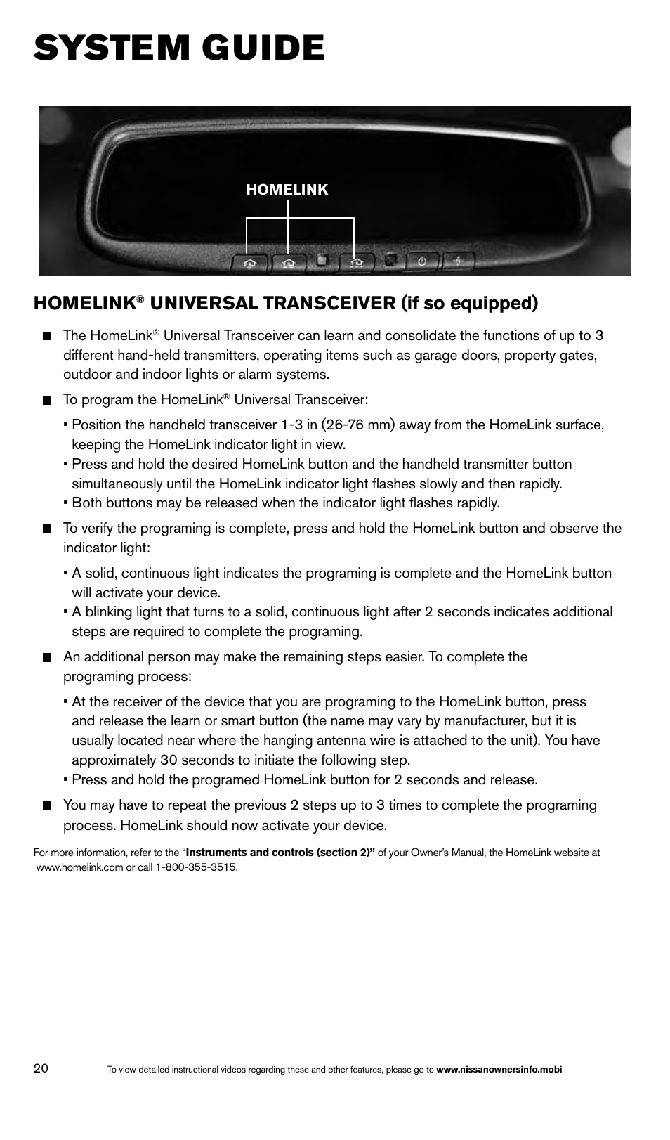 System guide, Homelink, Universal transceiver (if so equipped) | NISSAN 2014 Armada - Quick Reference Guide User Manual | Page 22 / 24