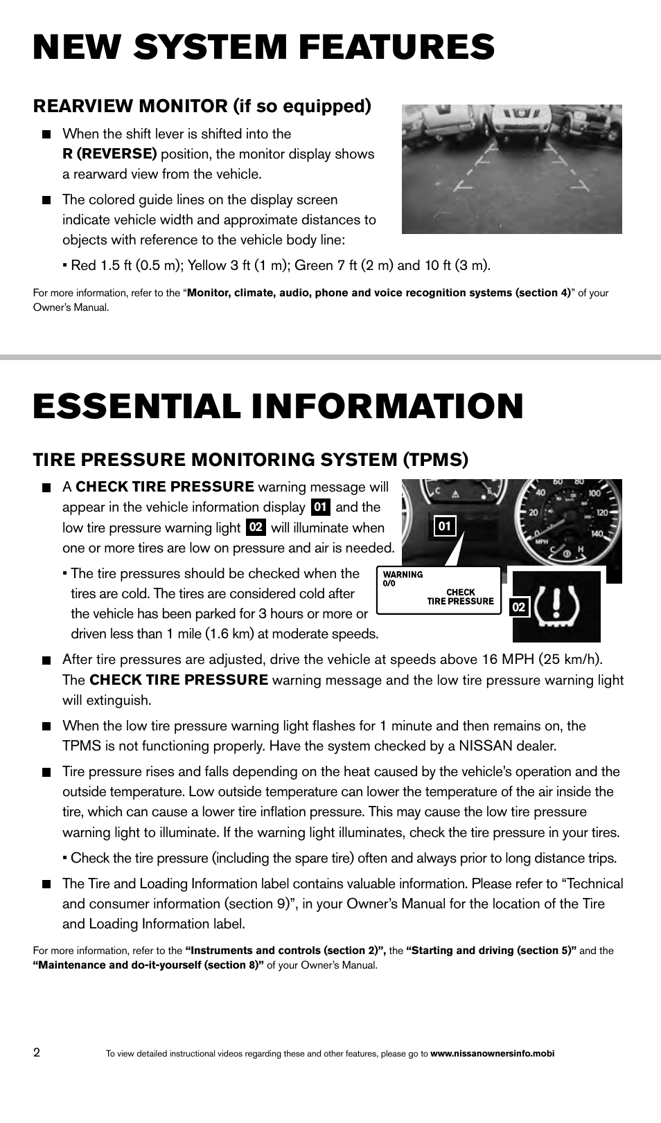 Essential information, New system features, Tire pressure monitoring system (tpms) | Rearview monitor (if so equipped) | NISSAN 2014 Armada - Quick Reference Guide User Manual | Page 4 / 24