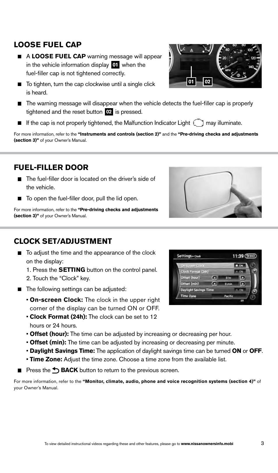 Loose fuel cap, Fuel-filler door, Clock set/adjustment | NISSAN 2014 Armada - Quick Reference Guide User Manual | Page 5 / 24