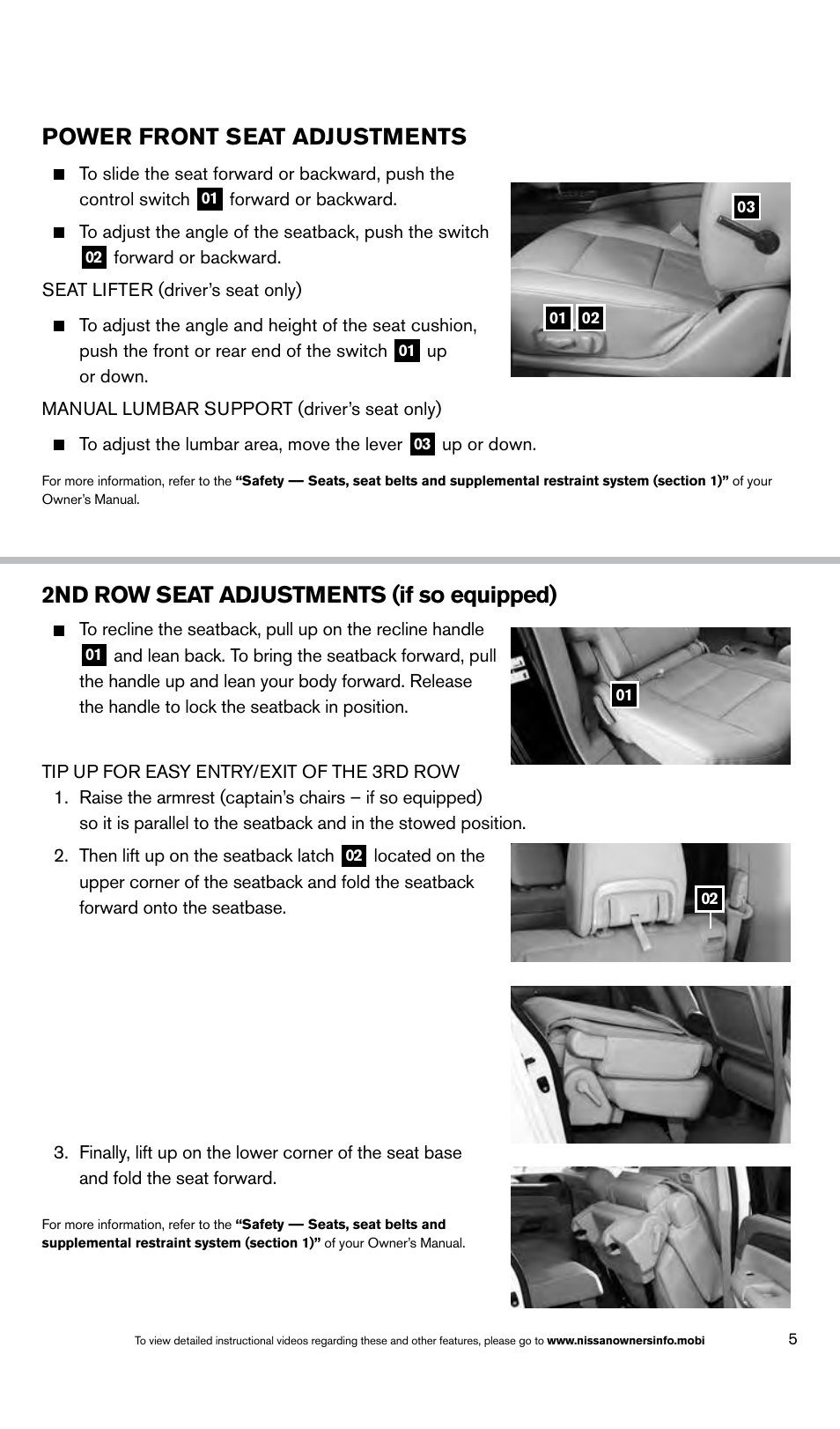 Power front seat adjustments, 2nd row seat adjustments (if so equipped) | NISSAN 2014 Armada - Quick Reference Guide User Manual | Page 7 / 24
