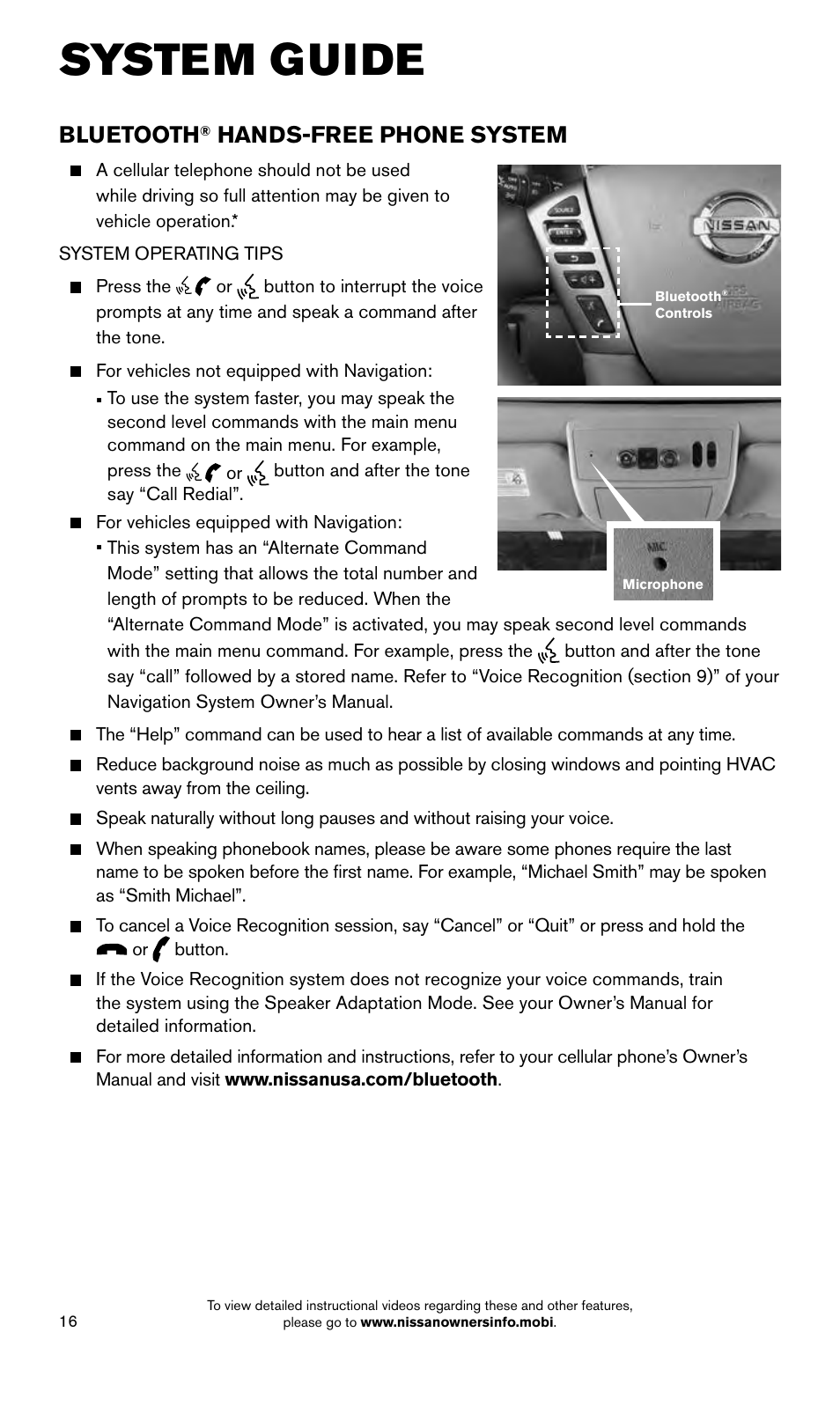 System guide, Bluetooth, Hands-free phone system | NISSAN 2015 Armada - Quick Reference Guide User Manual | Page 18 / 28