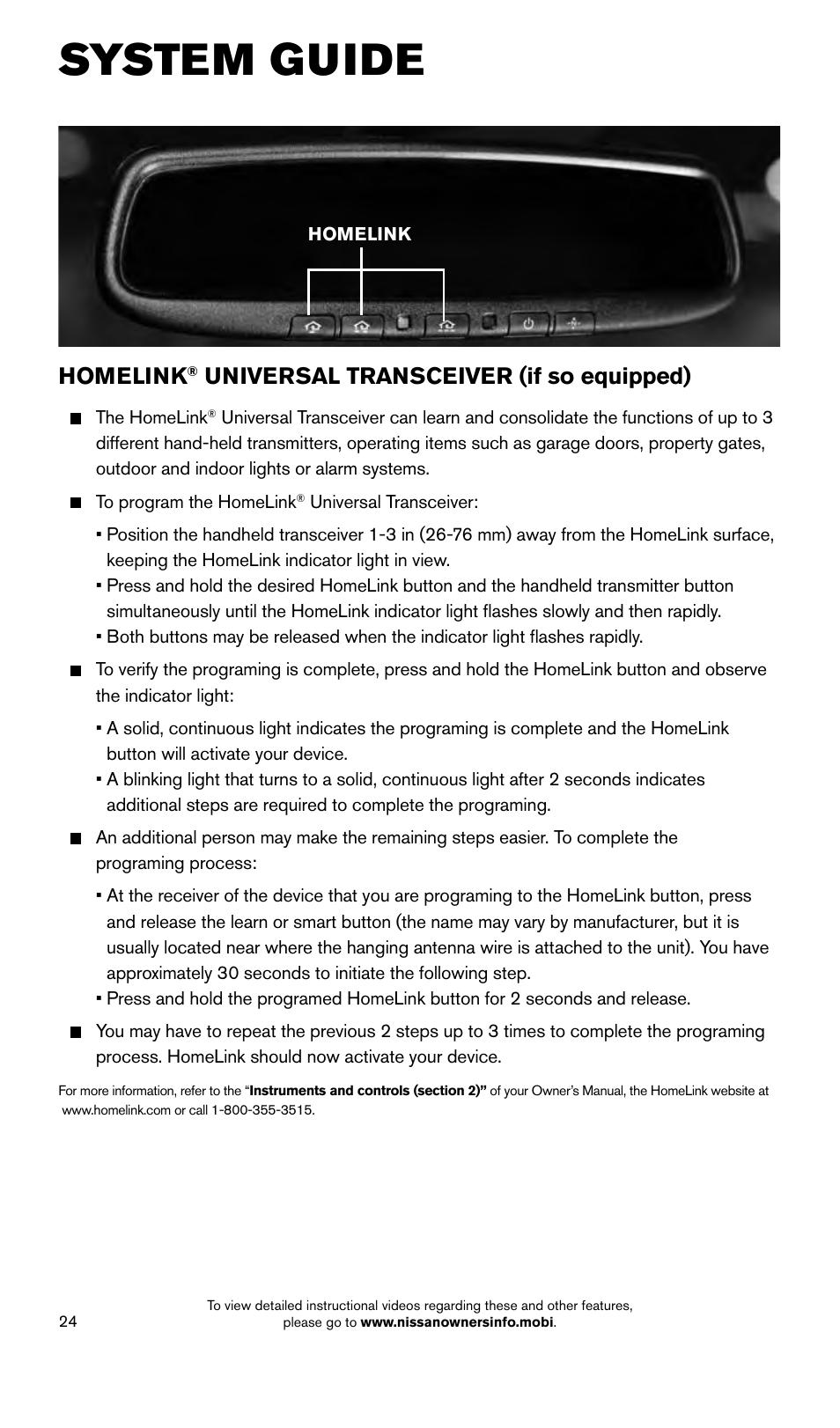 System guide, Homelink, Universal transceiver (if so equipped) | NISSAN 2015 Armada - Quick Reference Guide User Manual | Page 26 / 28