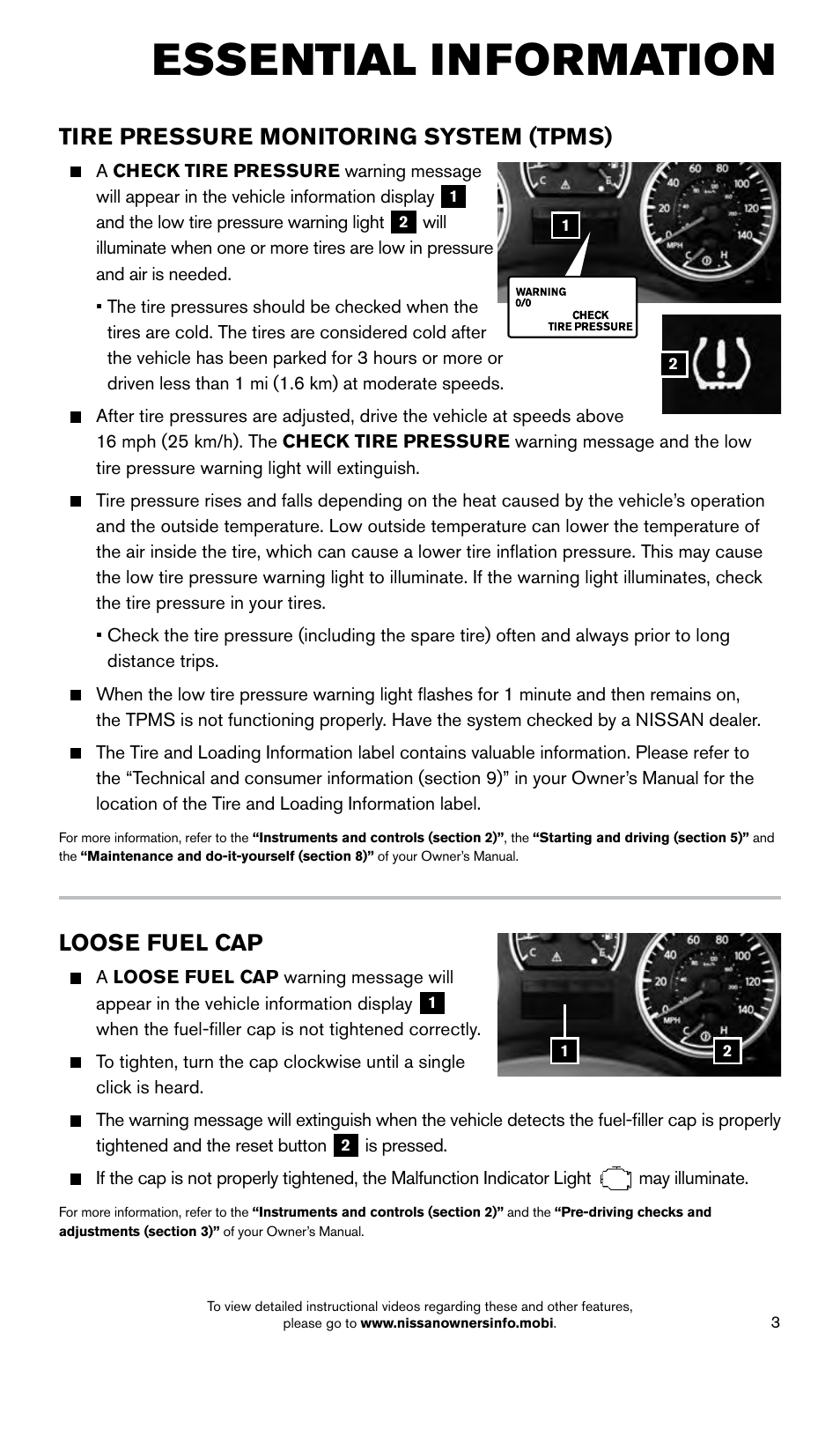 Essential information, Tire pressure monitoring system (tpms), Loose fuel cap | NISSAN 2015 Armada - Quick Reference Guide User Manual | Page 5 / 28