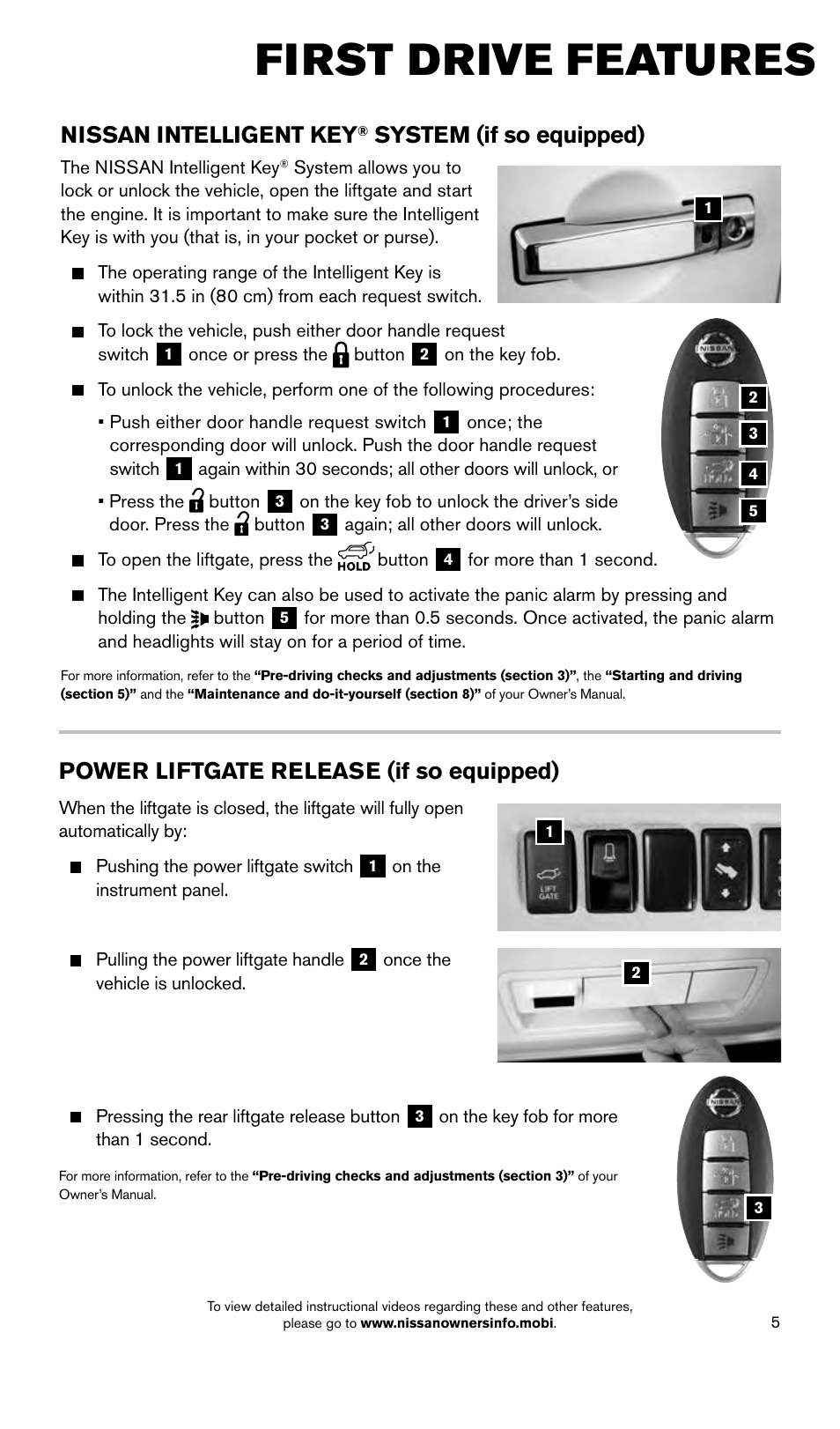 First drive features, Power liftgate release (if so equipped), Nissan intelligent key | System (if so equipped) | NISSAN 2015 Armada - Quick Reference Guide User Manual | Page 7 / 28