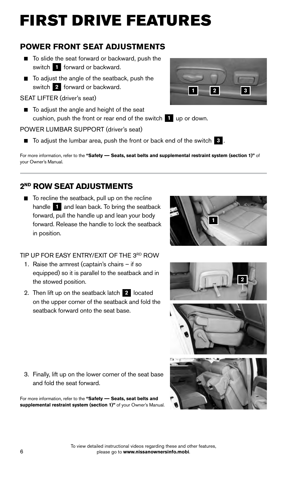 First drive features, Power front seat adjustments, Row seat adjustments | NISSAN 2015 Armada - Quick Reference Guide User Manual | Page 8 / 28