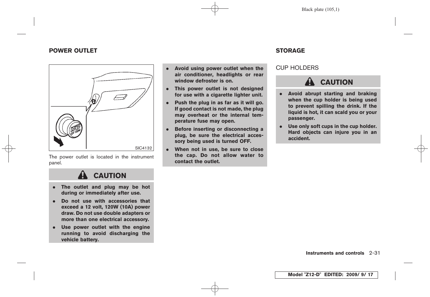 Power outlet -31 storage -31, Cup holders -31, Caution | NISSAN 2010 Cube - Owner's Manual User Manual | Page 105 / 329