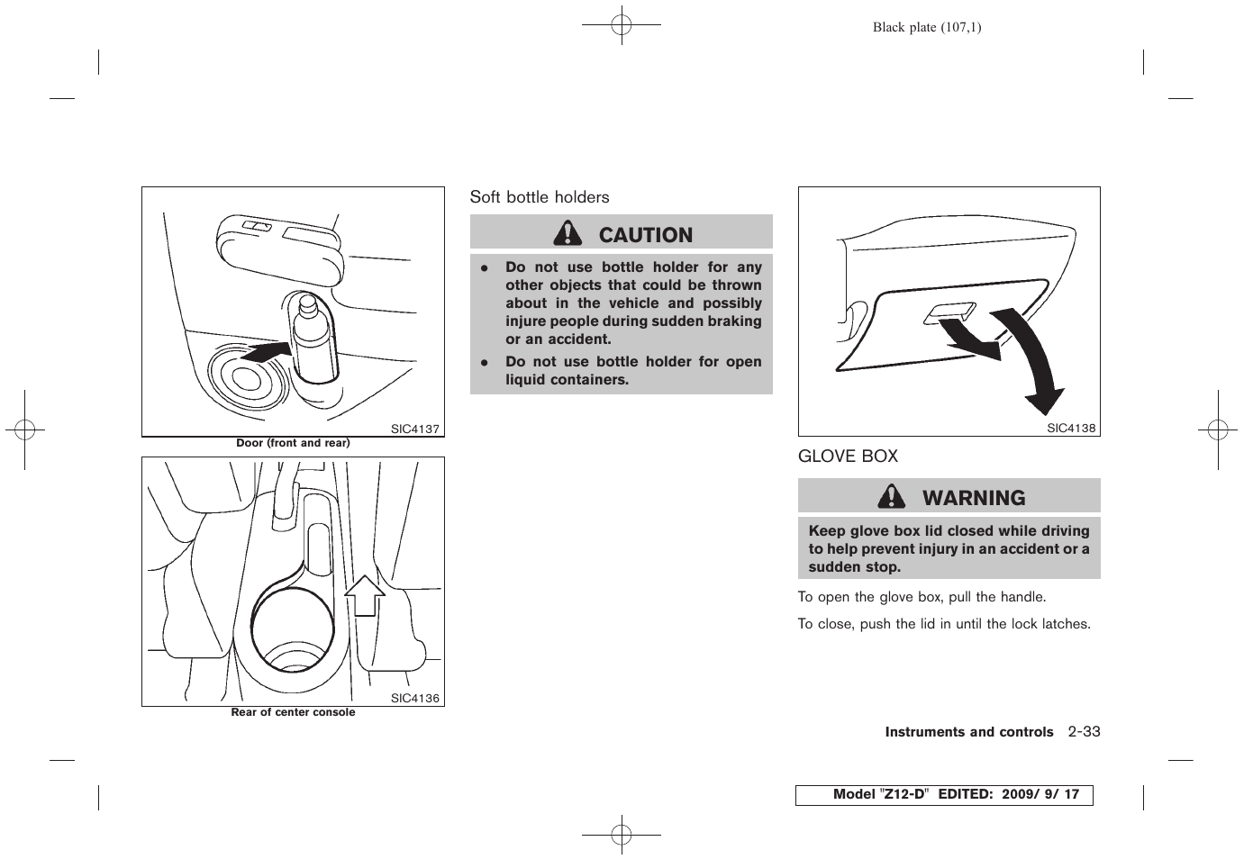 Glove box -33, Caution, Warning | NISSAN 2010 Cube - Owner's Manual User Manual | Page 107 / 329