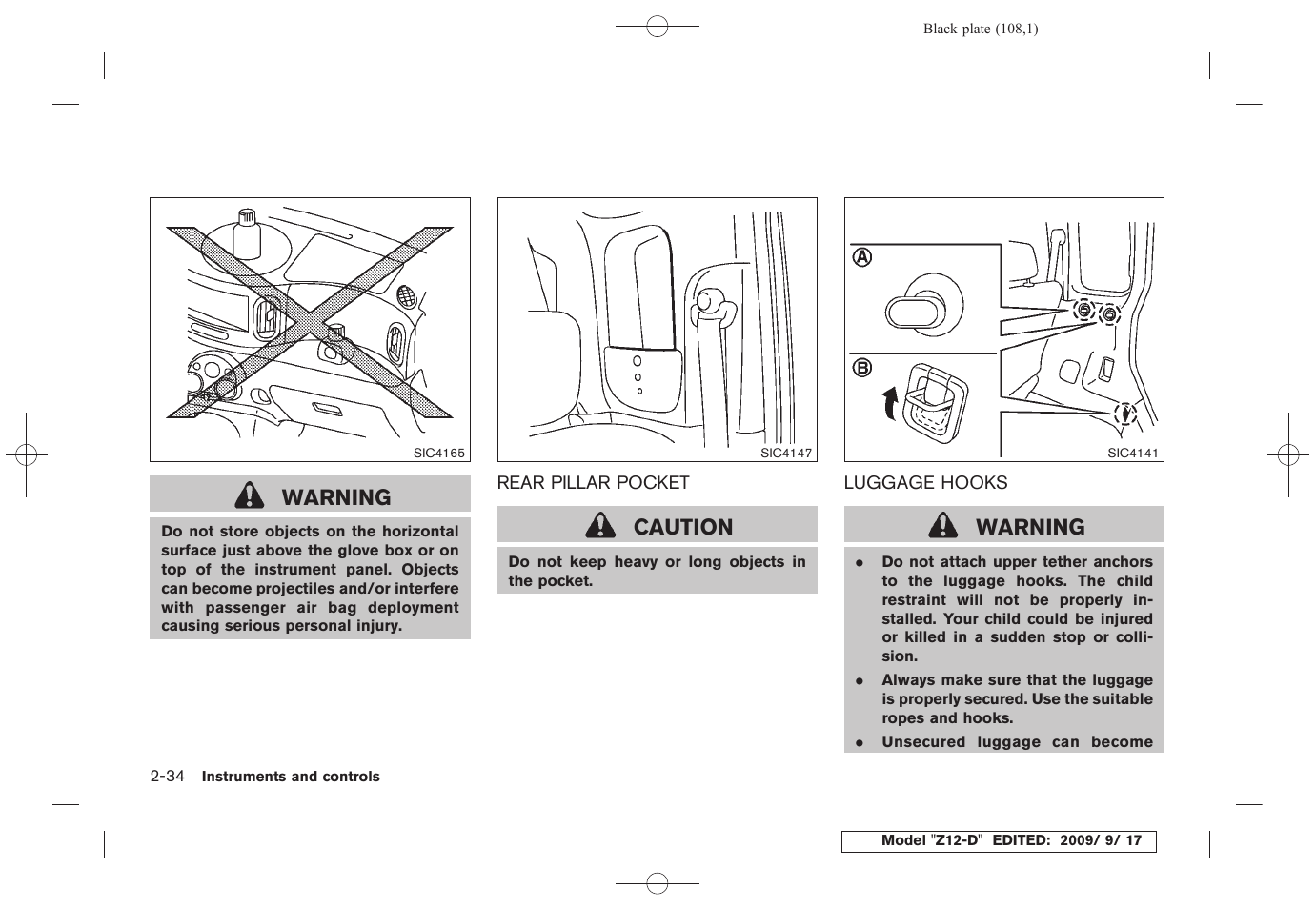 Rear pillar pocket -34 luggage hooks -34, Warning, Caution | NISSAN 2010 Cube - Owner's Manual User Manual | Page 108 / 329