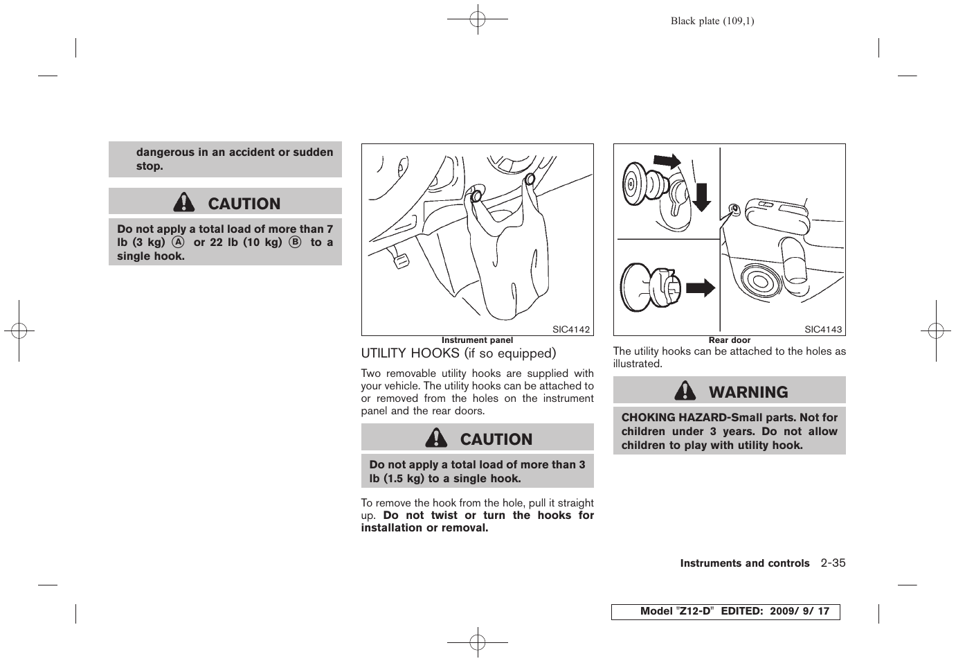 Utility hooks (if so equipped) -35, Caution, Warning | NISSAN 2010 Cube - Owner's Manual User Manual | Page 109 / 329