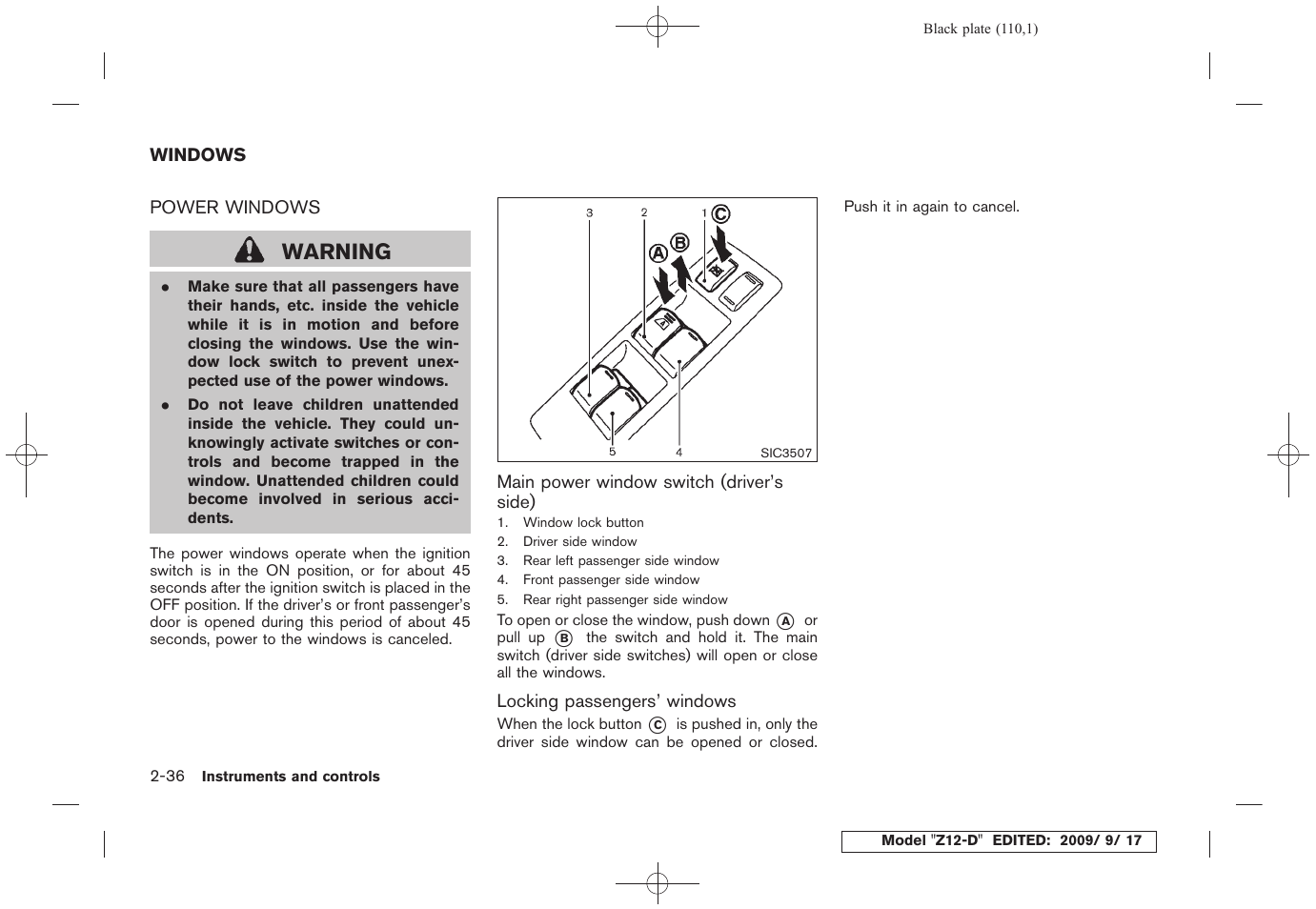 Windows -36, Power windows -36, Warning | NISSAN 2010 Cube - Owner's Manual User Manual | Page 110 / 329