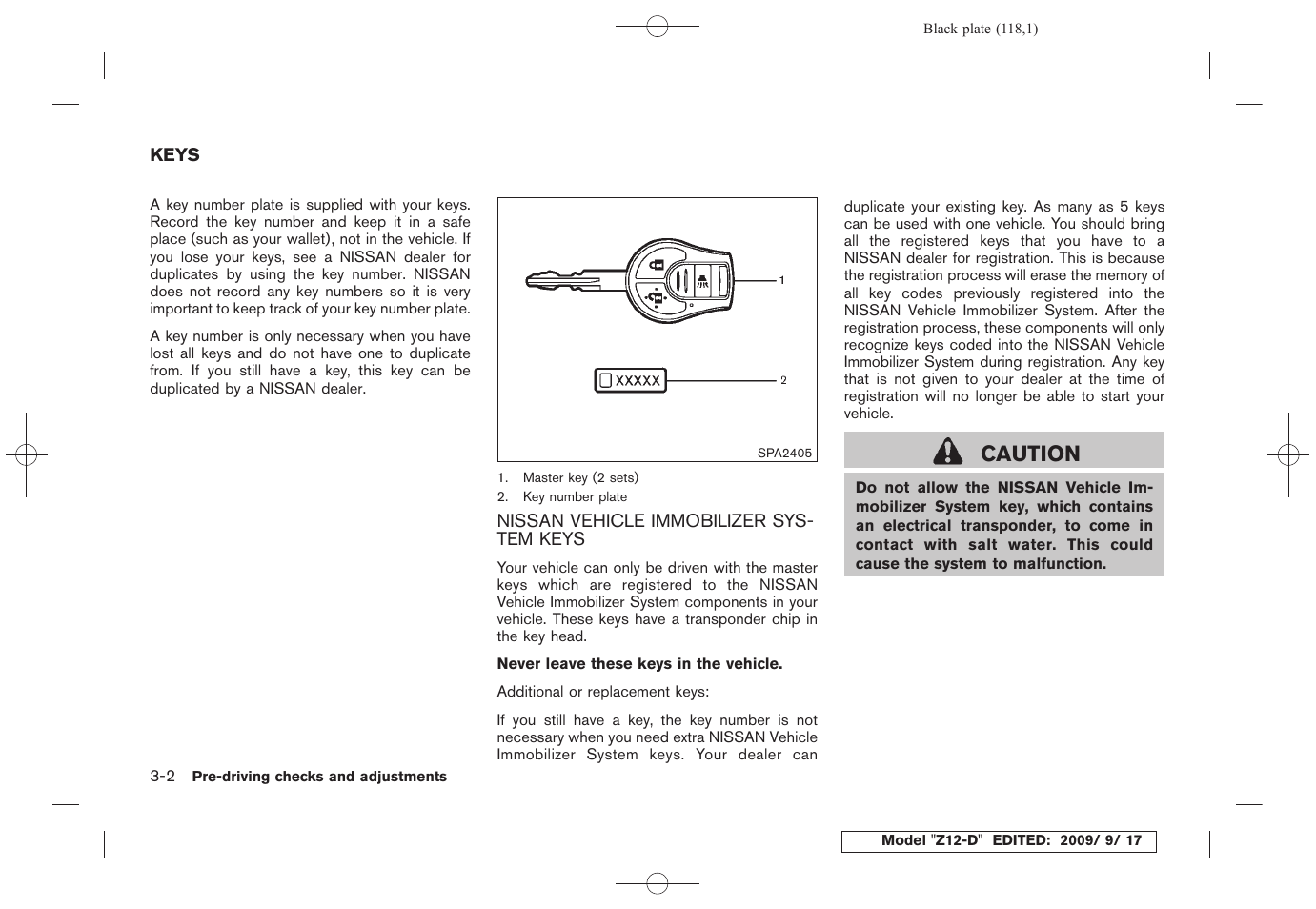 Keys -2, Nissan vehicle immobilizer system keys -2, Caution | NISSAN 2010 Cube - Owner's Manual User Manual | Page 116 / 329