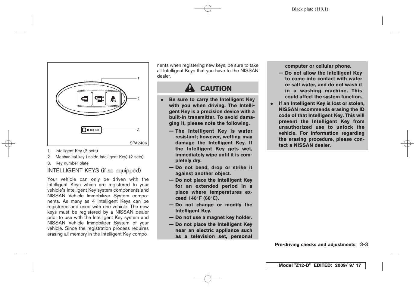 Intelligent keys (if so equipped) -3, Caution | NISSAN 2010 Cube - Owner's Manual User Manual | Page 117 / 329