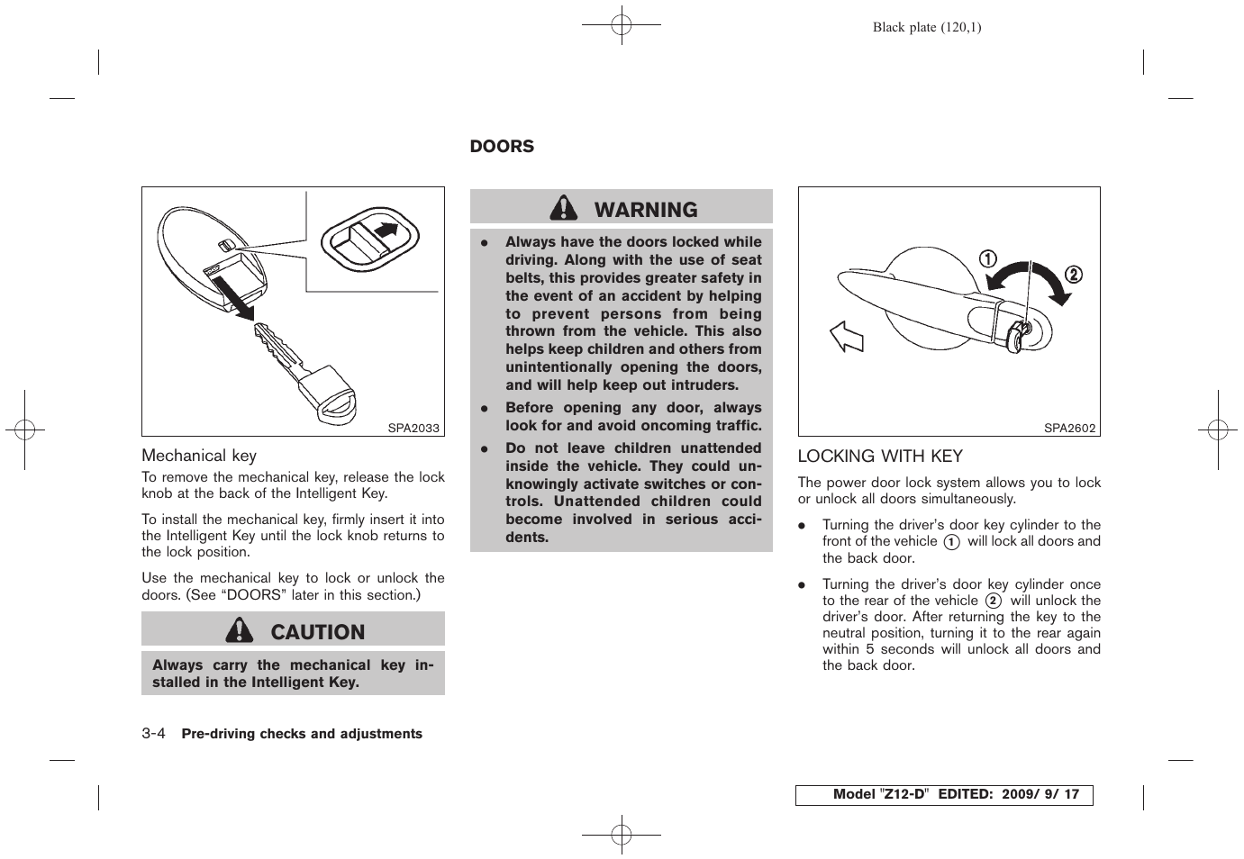 Doors -4, Locking with key -4, Caution | Warning | NISSAN 2010 Cube - Owner's Manual User Manual | Page 118 / 329