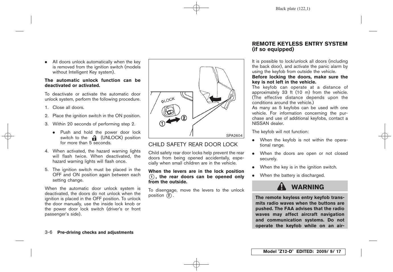 Child safety rear door lock -6, Remote keyless entry system (if so equipped) -6, Warning | NISSAN 2010 Cube - Owner's Manual User Manual | Page 120 / 329