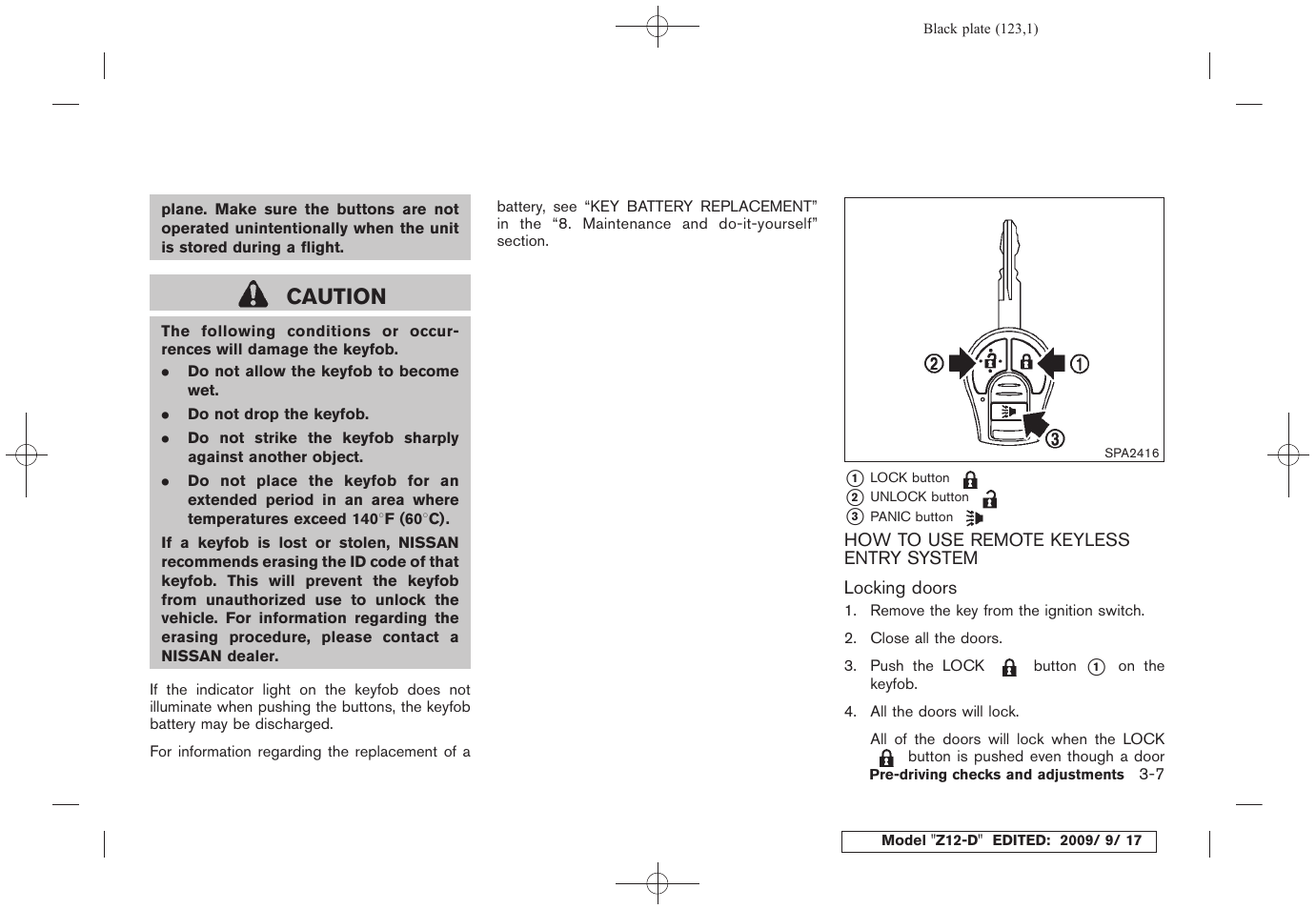 How to use remote keyless entry system -7, Caution | NISSAN 2010 Cube - Owner's Manual User Manual | Page 121 / 329