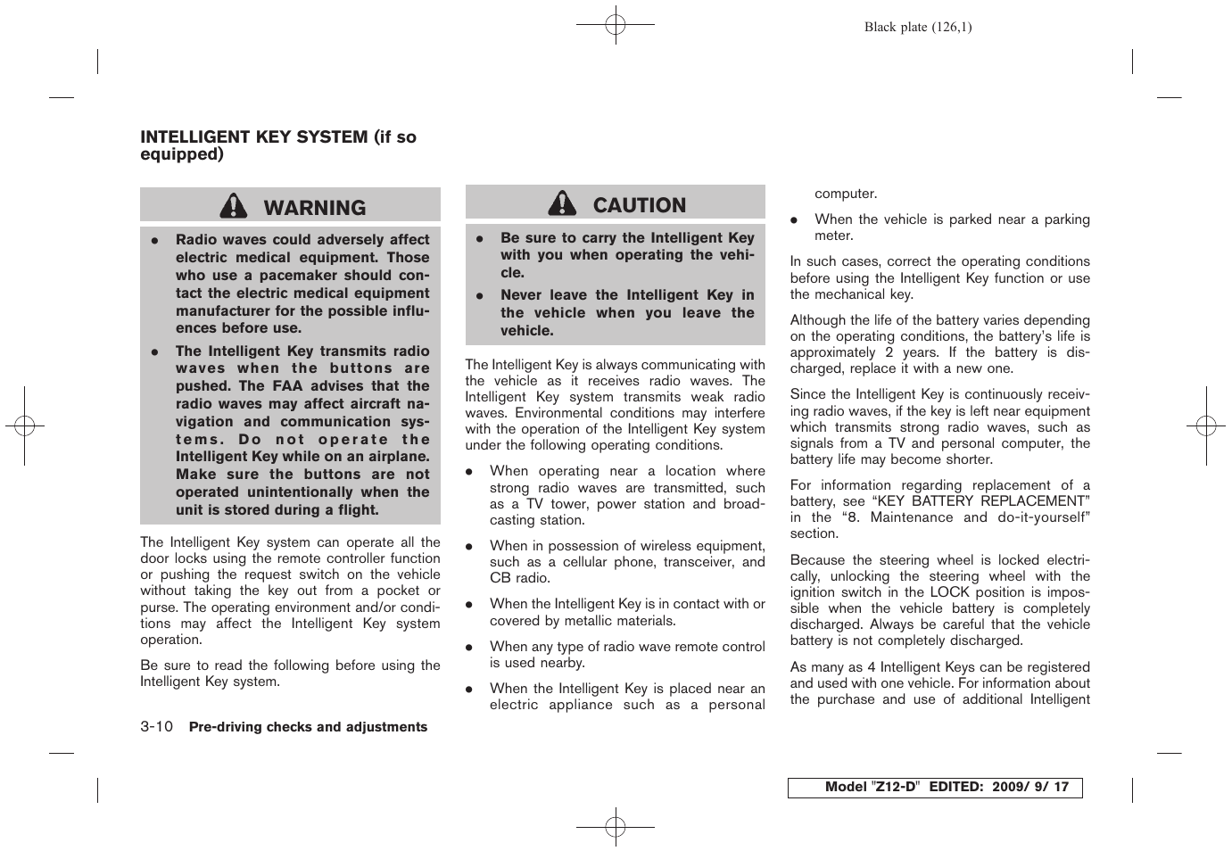Intelligent key system (if so equipped) -10, Warning, Caution | NISSAN 2010 Cube - Owner's Manual User Manual | Page 124 / 329
