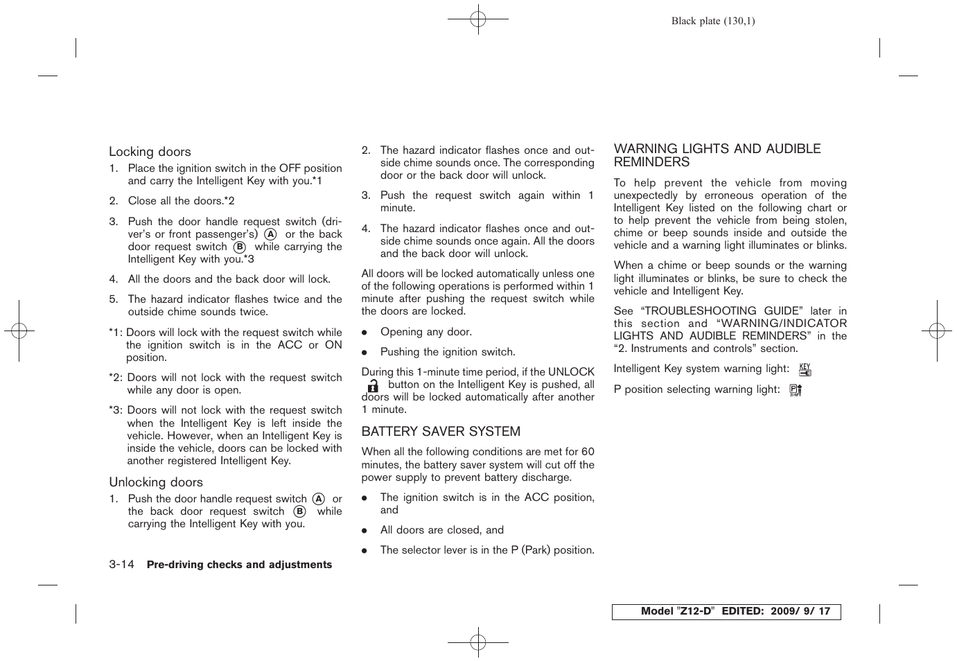 Battery saver system -14, Warning lights and audible reminders -14 | NISSAN 2010 Cube - Owner's Manual User Manual | Page 128 / 329