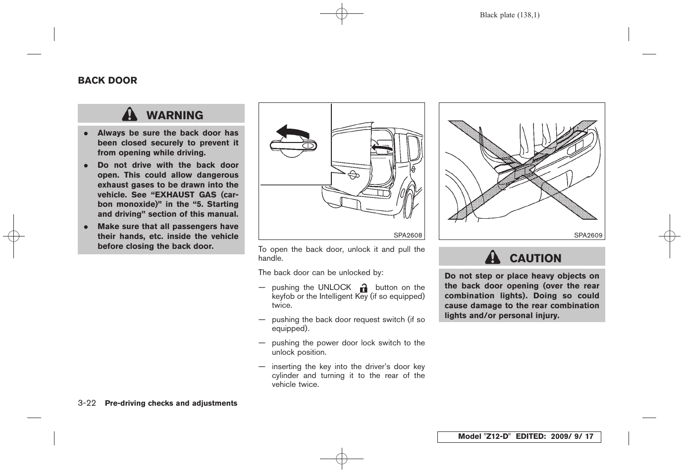 Back door -22, Warning, Caution | NISSAN 2010 Cube - Owner's Manual User Manual | Page 136 / 329