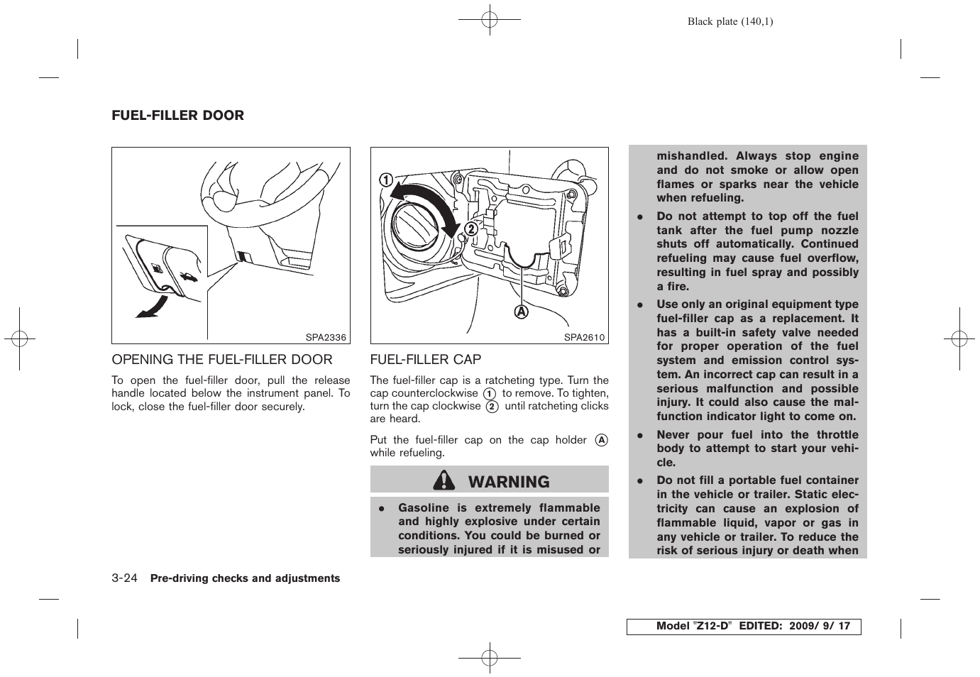 Fuel-filler door -24, Warning | NISSAN 2010 Cube - Owner's Manual User Manual | Page 138 / 329