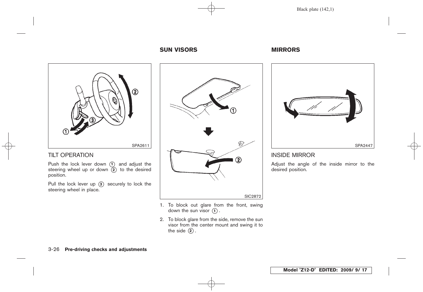 Tilt operation -26, Sun visors -26 mirrors -26, Inside mirror -26 | NISSAN 2010 Cube - Owner's Manual User Manual | Page 140 / 329