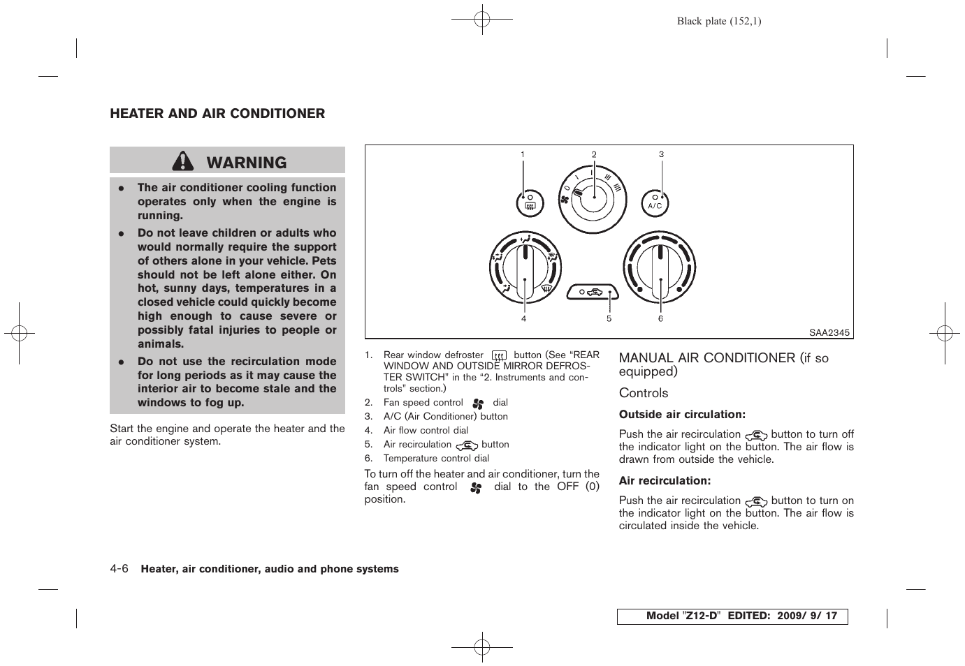 Heater and air conditioner -6, Manual air conditioner (if so equipped) -6, Warning | NISSAN 2010 Cube - Owner's Manual User Manual | Page 148 / 329