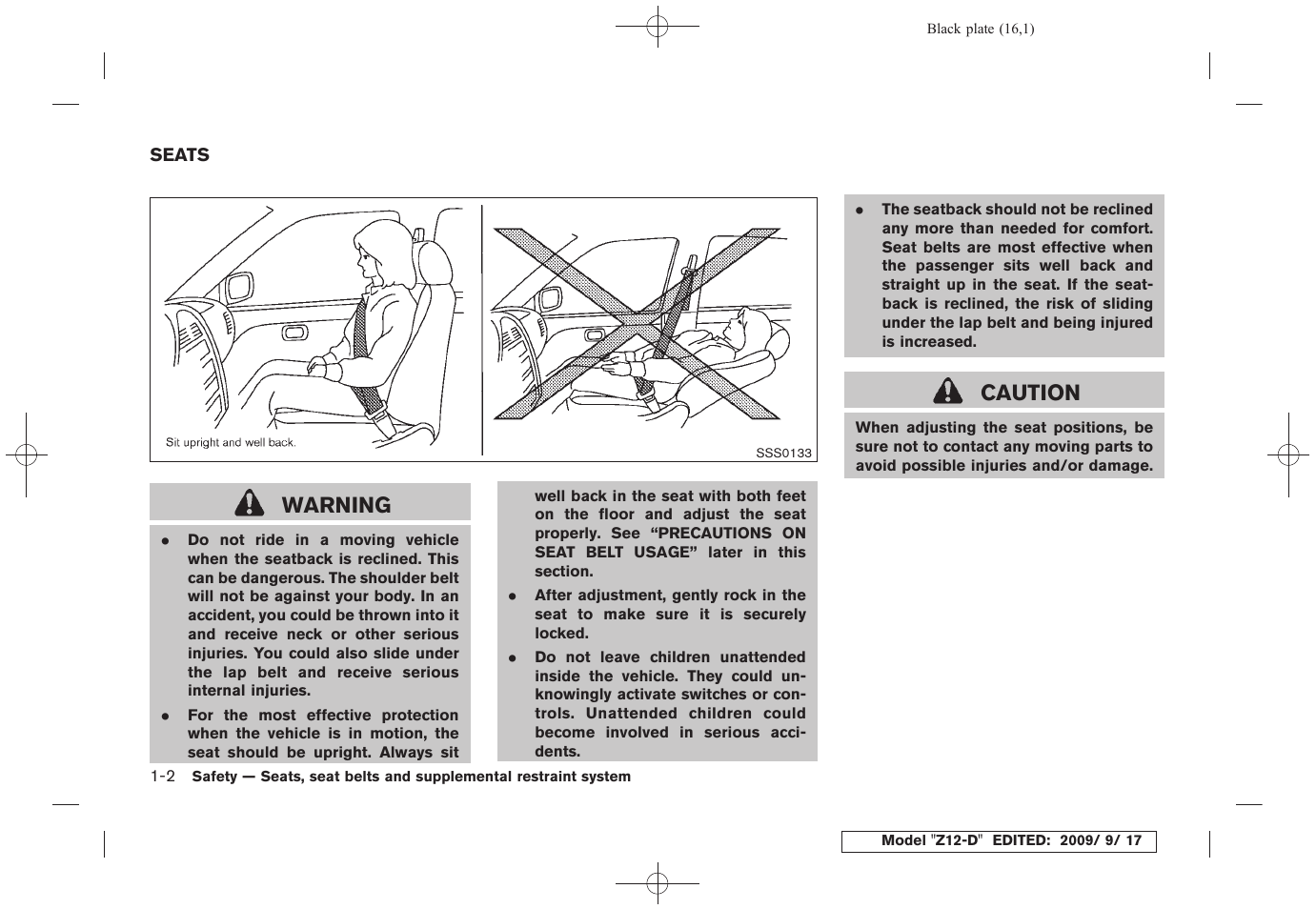 Seats -2, Warning, Caution | NISSAN 2010 Cube - Owner's Manual User Manual | Page 18 / 329
