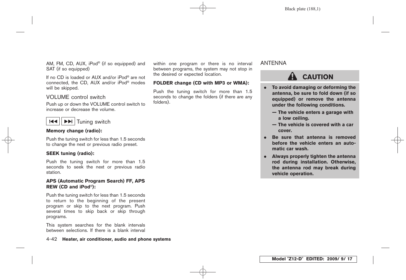 Antenna -42, Caution | NISSAN 2010 Cube - Owner's Manual User Manual | Page 184 / 329