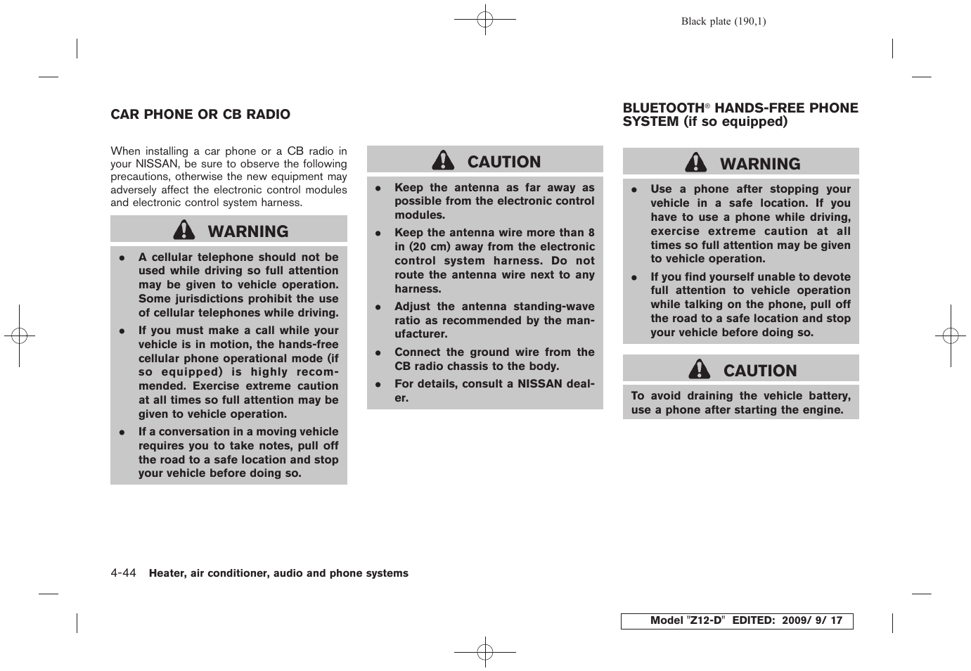 Car phone or cb radio -44 bluetooth, Hands-free phone system, If so equipped) -44 | Warning, Caution | NISSAN 2010 Cube - Owner's Manual User Manual | Page 186 / 329