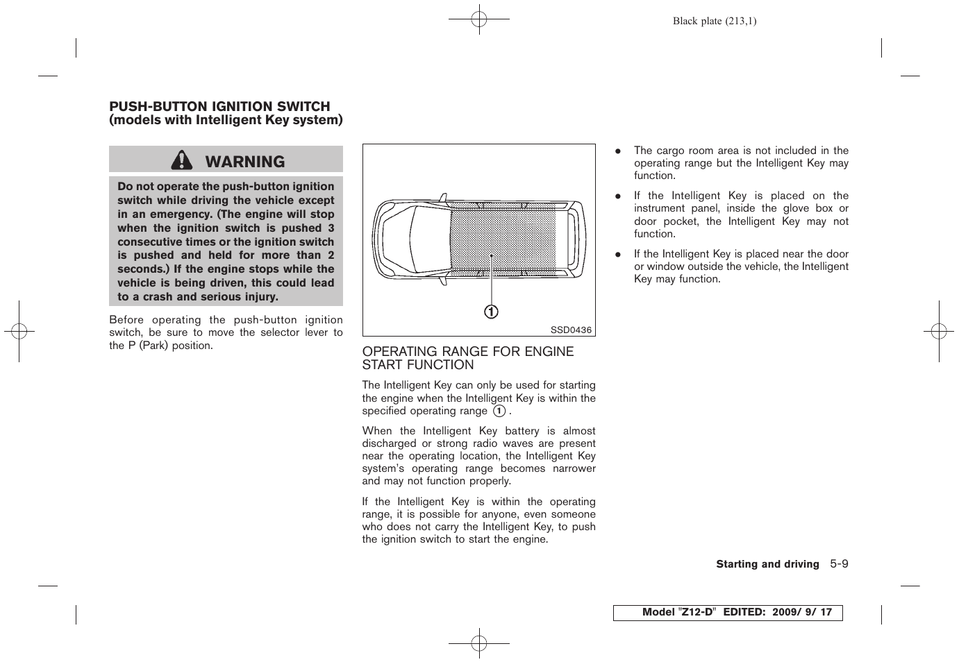 Operating range for engine start function -9, Warning | NISSAN 2010 Cube - Owner's Manual User Manual | Page 209 / 329