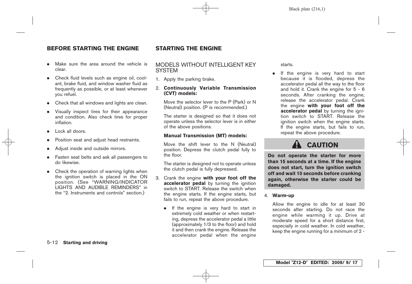 Models without intelligent key system -12, Caution | NISSAN 2010 Cube - Owner's Manual User Manual | Page 212 / 329
