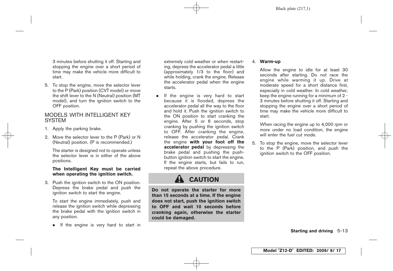 Models with intelligent key system -13, Caution | NISSAN 2010 Cube - Owner's Manual User Manual | Page 213 / 329