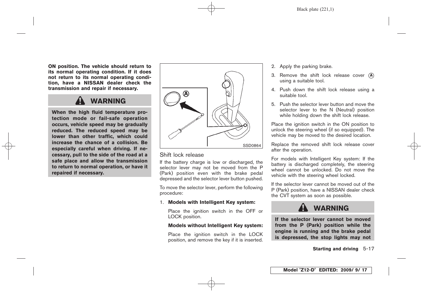 Warning | NISSAN 2010 Cube - Owner's Manual User Manual | Page 217 / 329