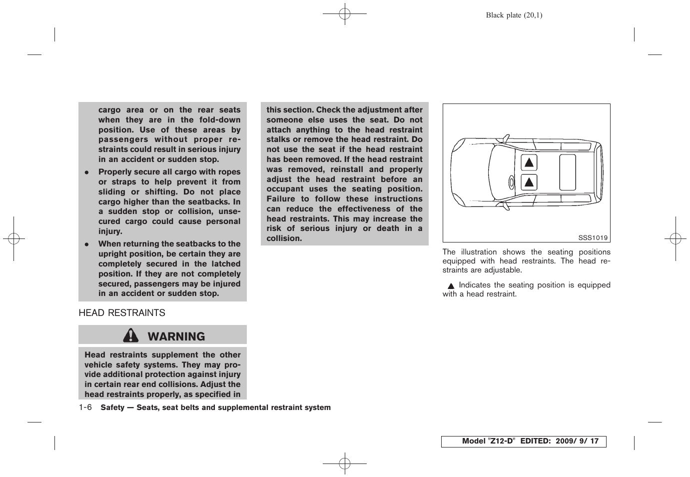 Head restraints -6, Warning | NISSAN 2010 Cube - Owner's Manual User Manual | Page 22 / 329