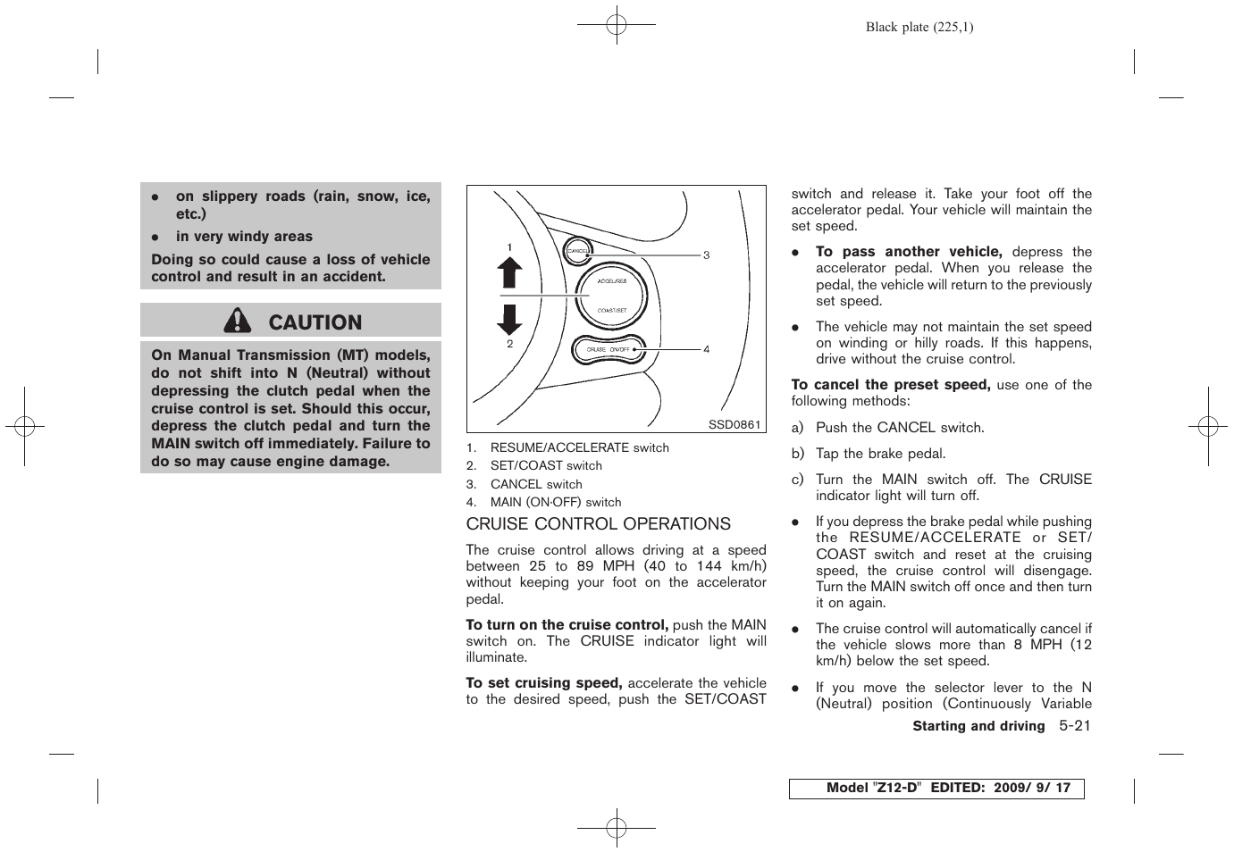 Cruise control operations -21, Caution | NISSAN 2010 Cube - Owner's Manual User Manual | Page 221 / 329