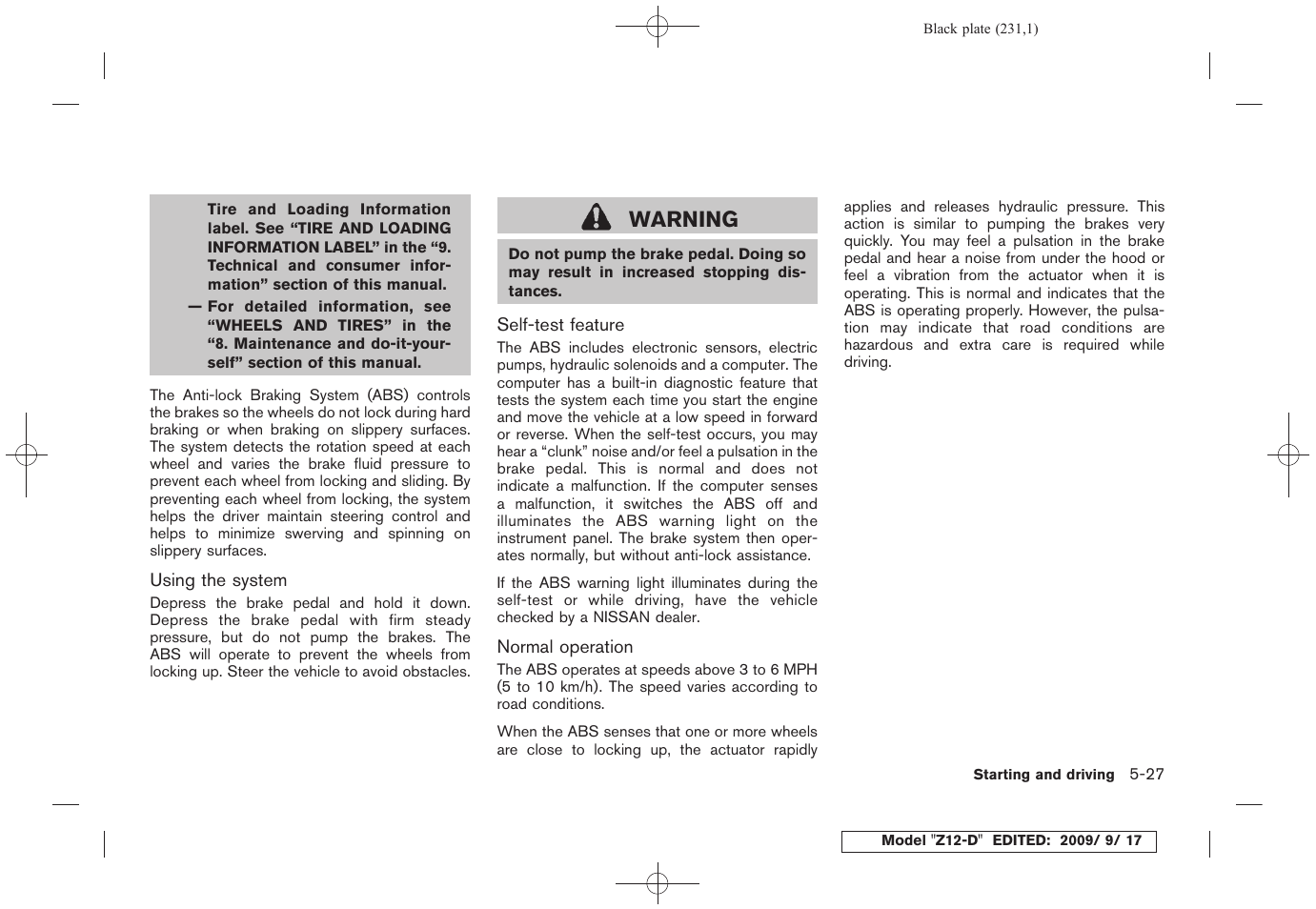 Warning | NISSAN 2010 Cube - Owner's Manual User Manual | Page 227 / 329