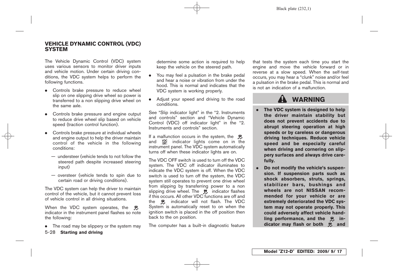 Vehicle dynamic control (vdc) system -28, Warning | NISSAN 2010 Cube - Owner's Manual User Manual | Page 228 / 329