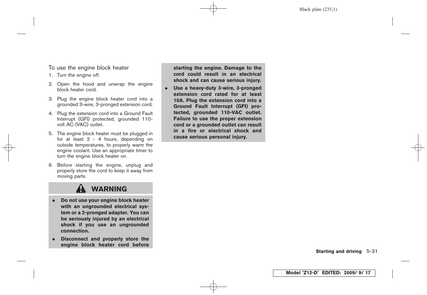 Warning | NISSAN 2010 Cube - Owner's Manual User Manual | Page 231 / 329