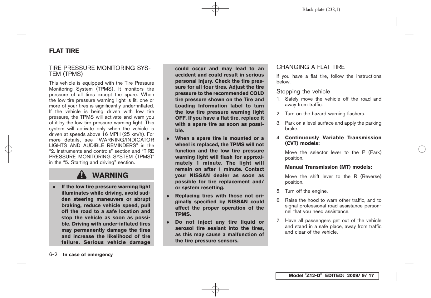 Flat tire -2, Warning | NISSAN 2010 Cube - Owner's Manual User Manual | Page 234 / 329
