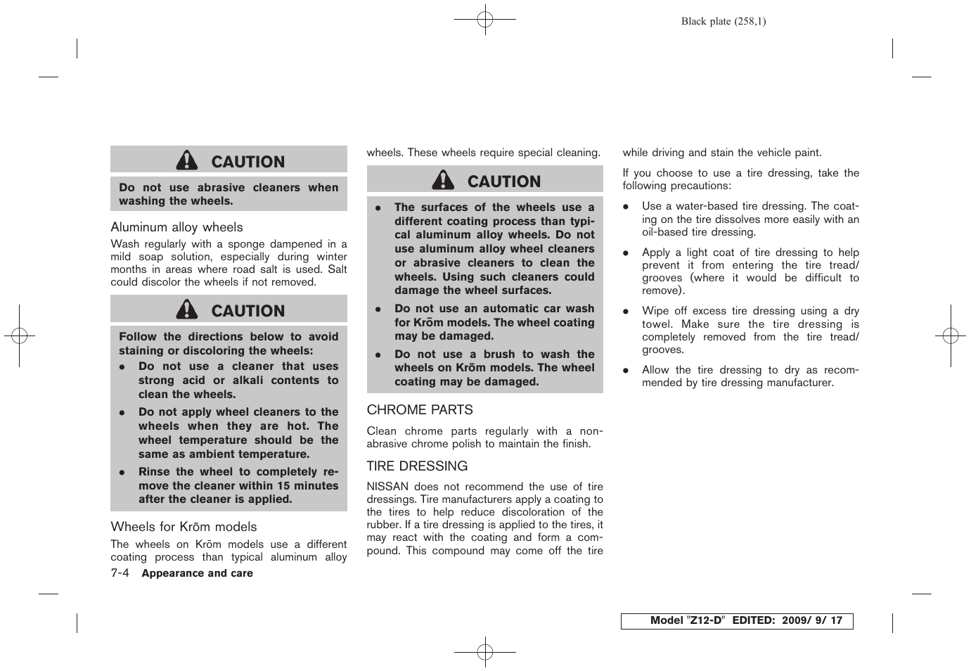 Chrome parts -4 tire dressing -4, Caution | NISSAN 2010 Cube - Owner's Manual User Manual | Page 254 / 329
