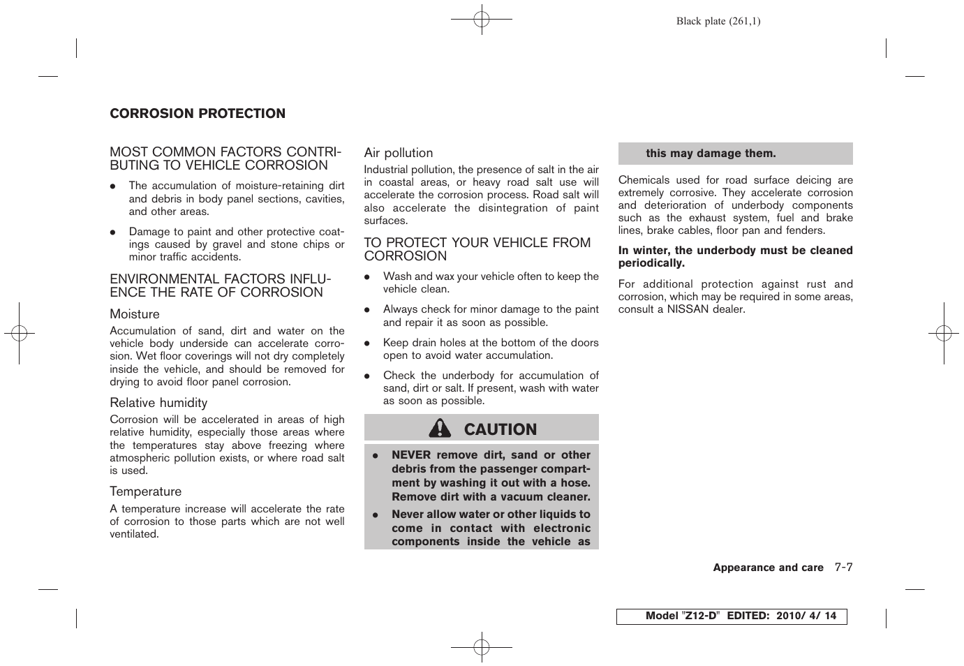 Corrosion protection -7, Caution | NISSAN 2010 Cube - Owner's Manual User Manual | Page 257 / 329